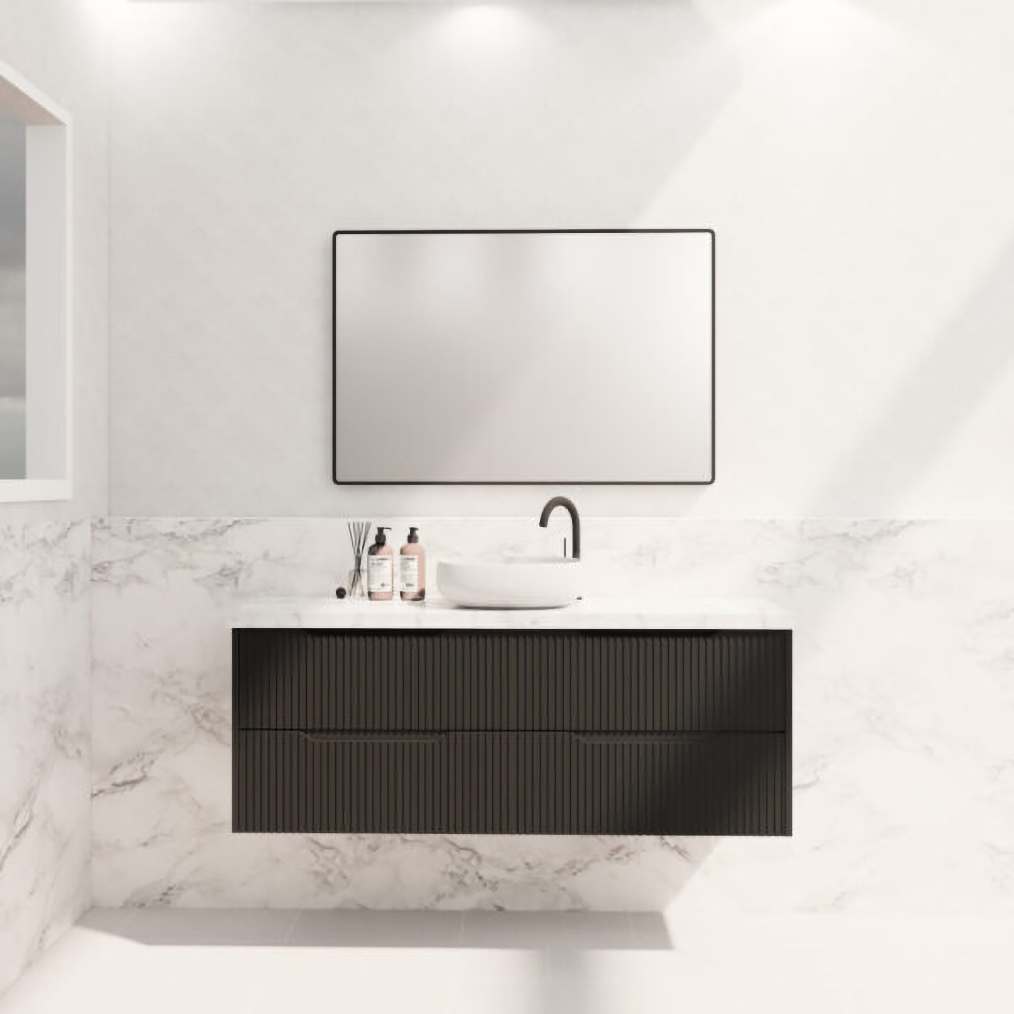 Upgrade your bathroom with the Bali 1500mm Wall Hung Vanity. Matt Black finish, fluted design and generous bench space.-Vanity-Cabinet Only-Ezymall AU