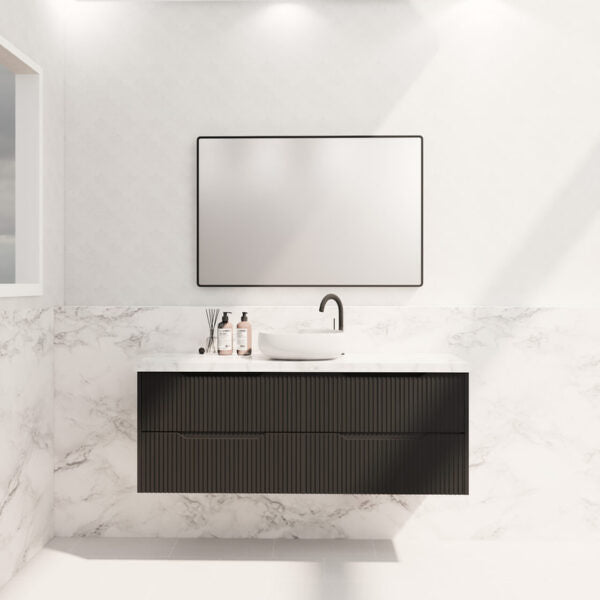 Upgrade your bathroom with the Bali 1500mm Wall Hung Vanity. Matt Black finish, fluted design and generous bench space.-Vanity-Cabinet Only-Ezymall AU