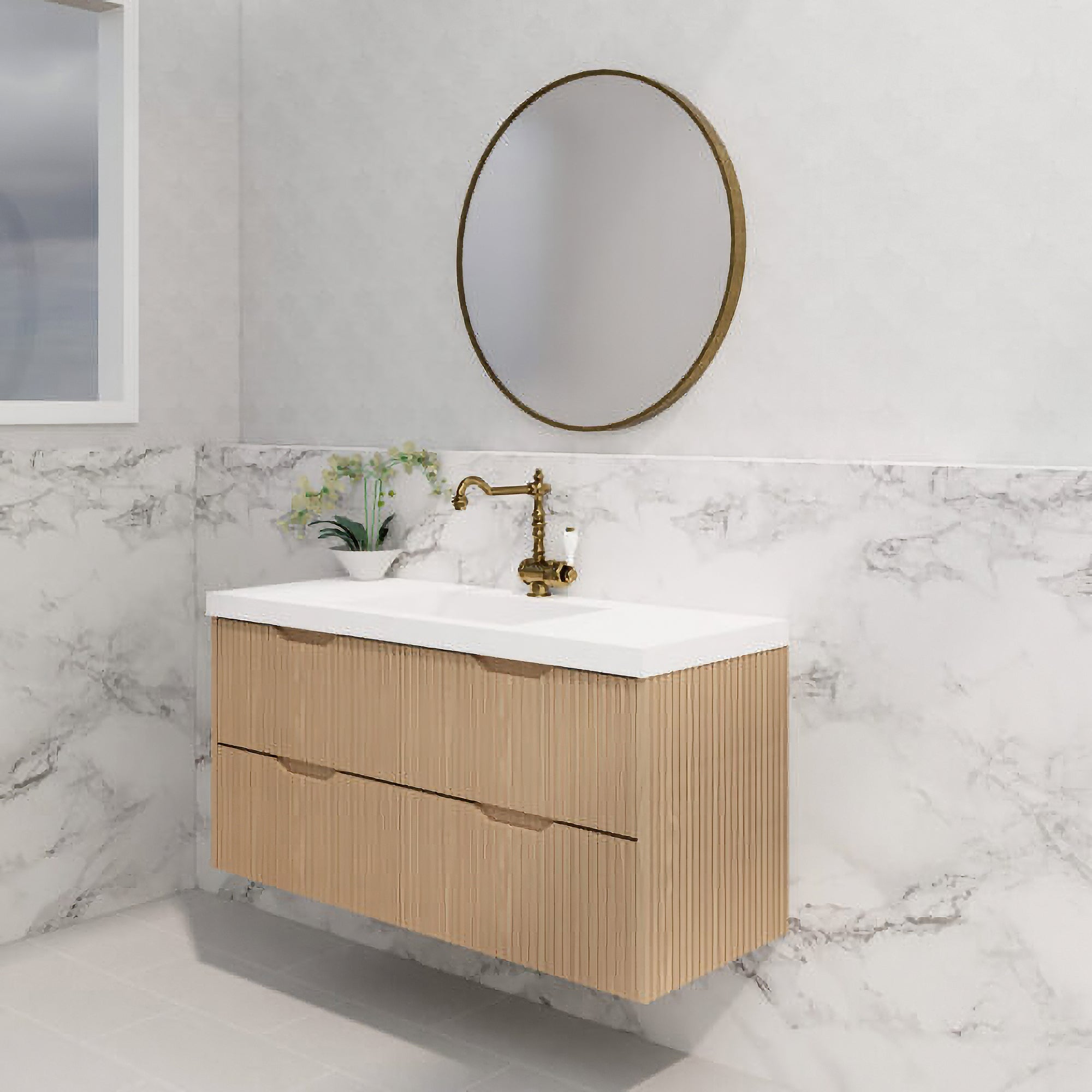 Upgrade your bathroom with the Bali 1500mm Wall Hung Vanity. American Oak finish, fluted design, spacious storage and premium top options.-Vanity-Cabinet Only-Ezymall AU