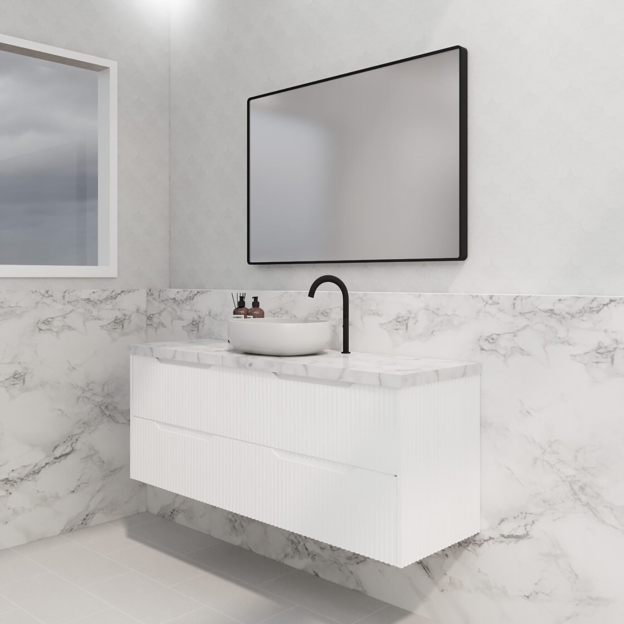 Upgrade your bathroom with the Bali 1500mm Wall Hung Vanity. Matt White finish, fluted design, spacious storage and premium top options.-Vanity-Cabinet Only-Ezymall AU