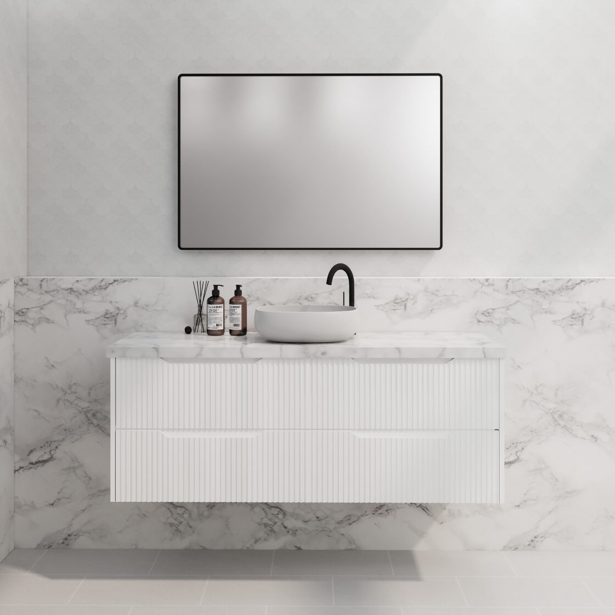Upgrade your bathroom with the Bali 1500mm Wall Hung Vanity. Matt White finish, fluted design, spacious storage and premium top options.-Vanity-Cabinet Only-Ezymall AU