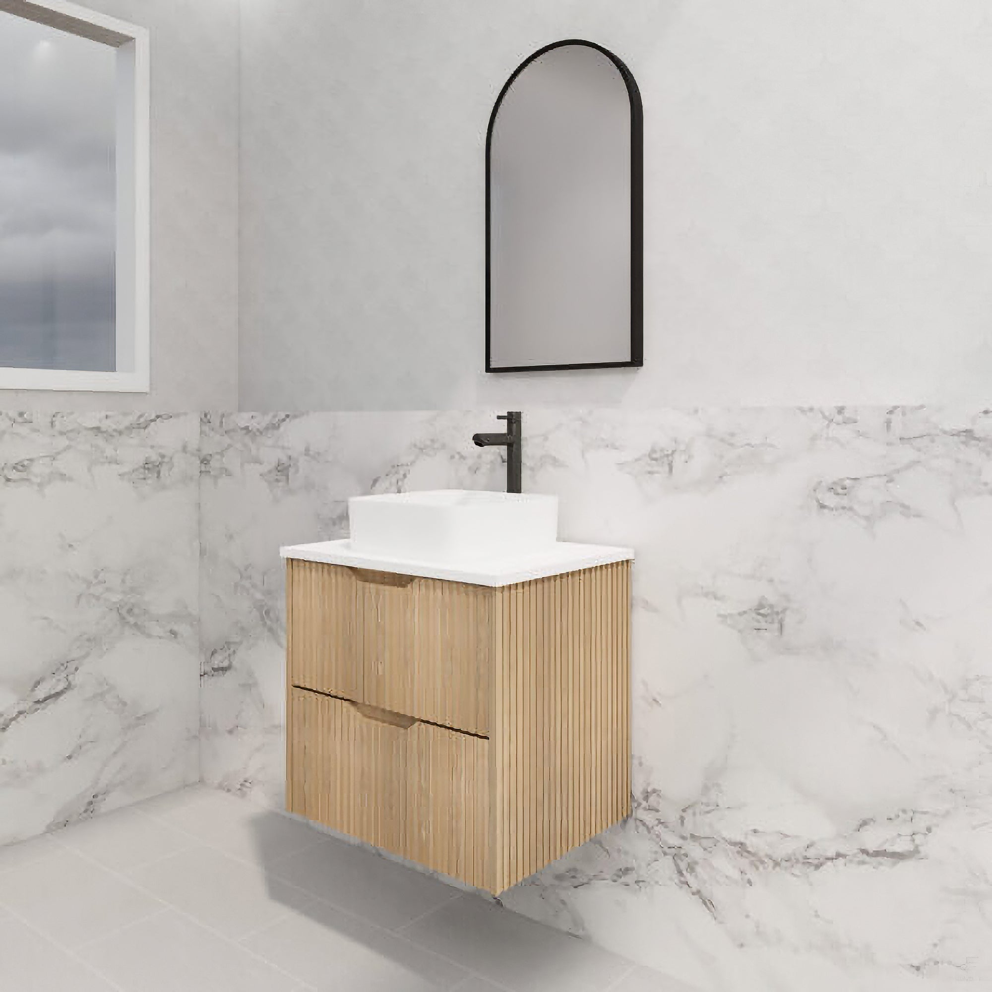 Upgrade your bathroom with the Bali 600mm Wall Hung Vanity. American Oak finish, fluted design, soft-close drawers and premium top options.-Vanity-Cabinet Only-Ezymall AU