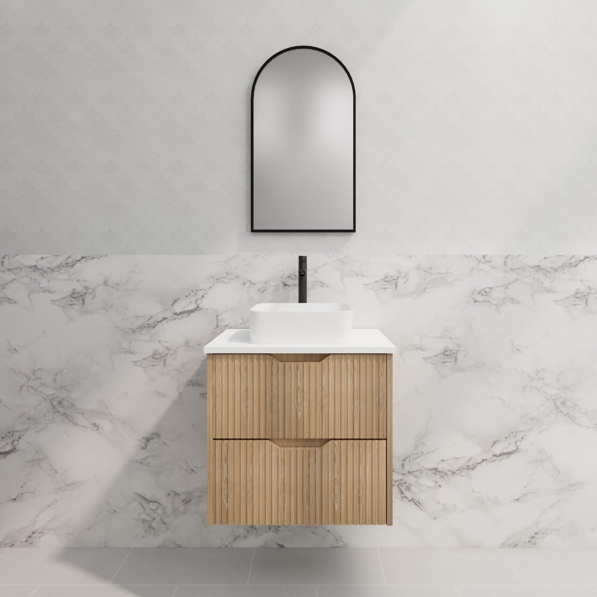 Upgrade your bathroom with the Bali 600mm Wall Hung Vanity. American Oak finish, fluted design, soft-close drawers and premium top options.-Vanity-Cabinet Only-Ezymall AU