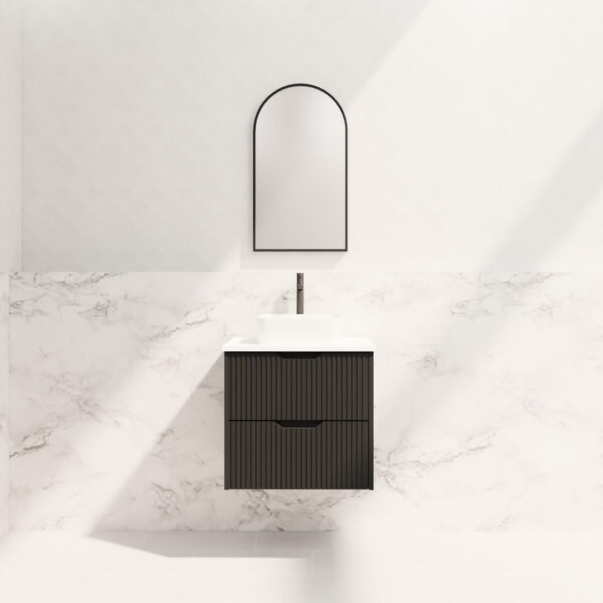 Upgrade your bathroom with the Bali 600mm Wall Hung Vanity. Matt Black finish, fluted design, soft-close drawers and premium top options.-Vanity-Cabinet Only-Ezymall AU