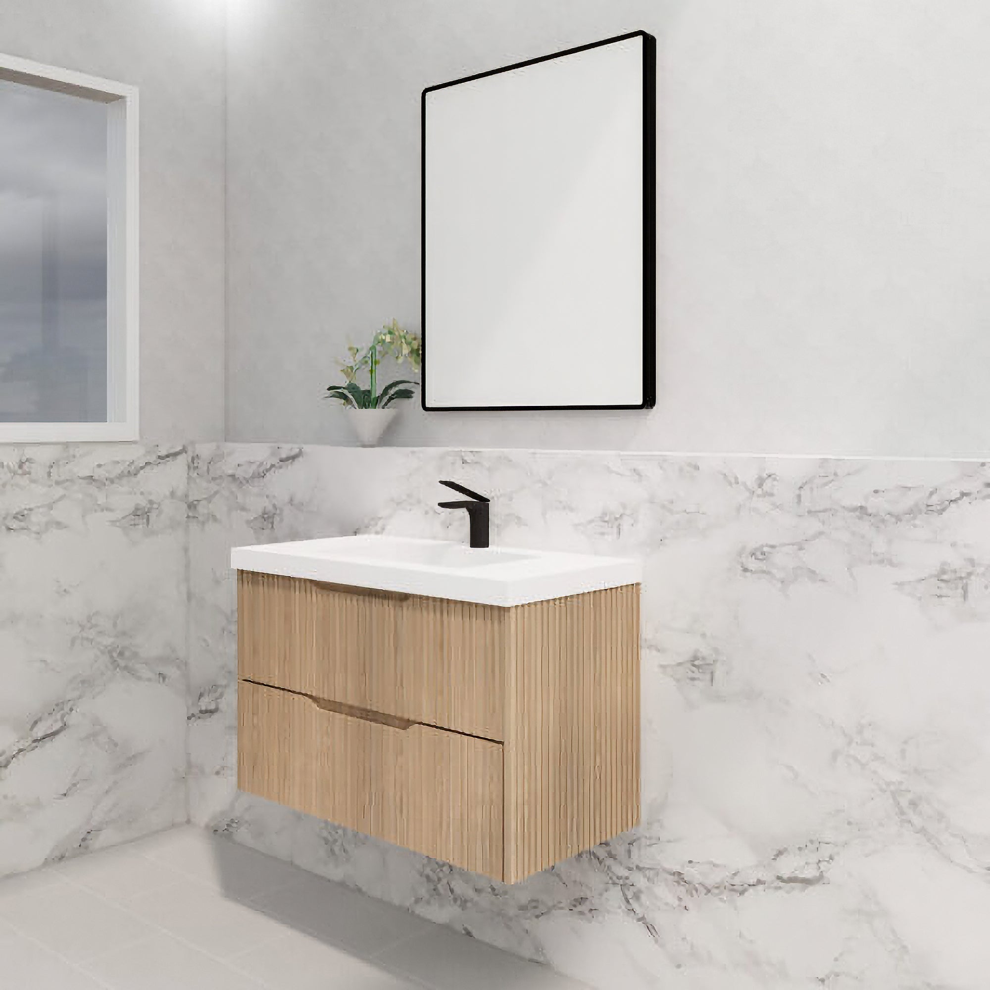 Upgrade your bathroom with the Bali 900mm Wall Hung Vanity. American Oak finish, fluted design, soft-close drawers and premium top options.-Vanity-Cabinet Only-Ezymall AU