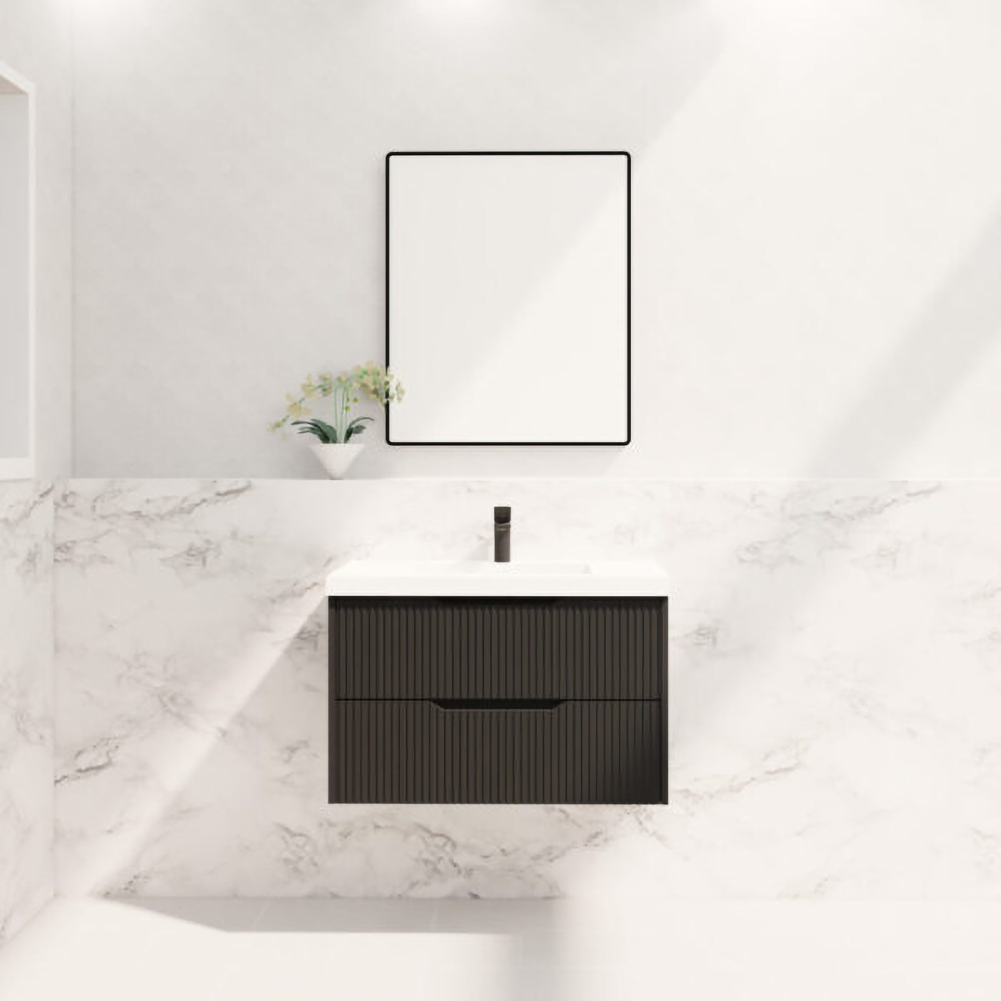 Upgrade your bathroom with the Bali 900mm Wall Hung Vanity. Matt Black finish, fluted design, soft-close drawers and premium top options.-Vanity-Cabinet Only-Ezymall AU