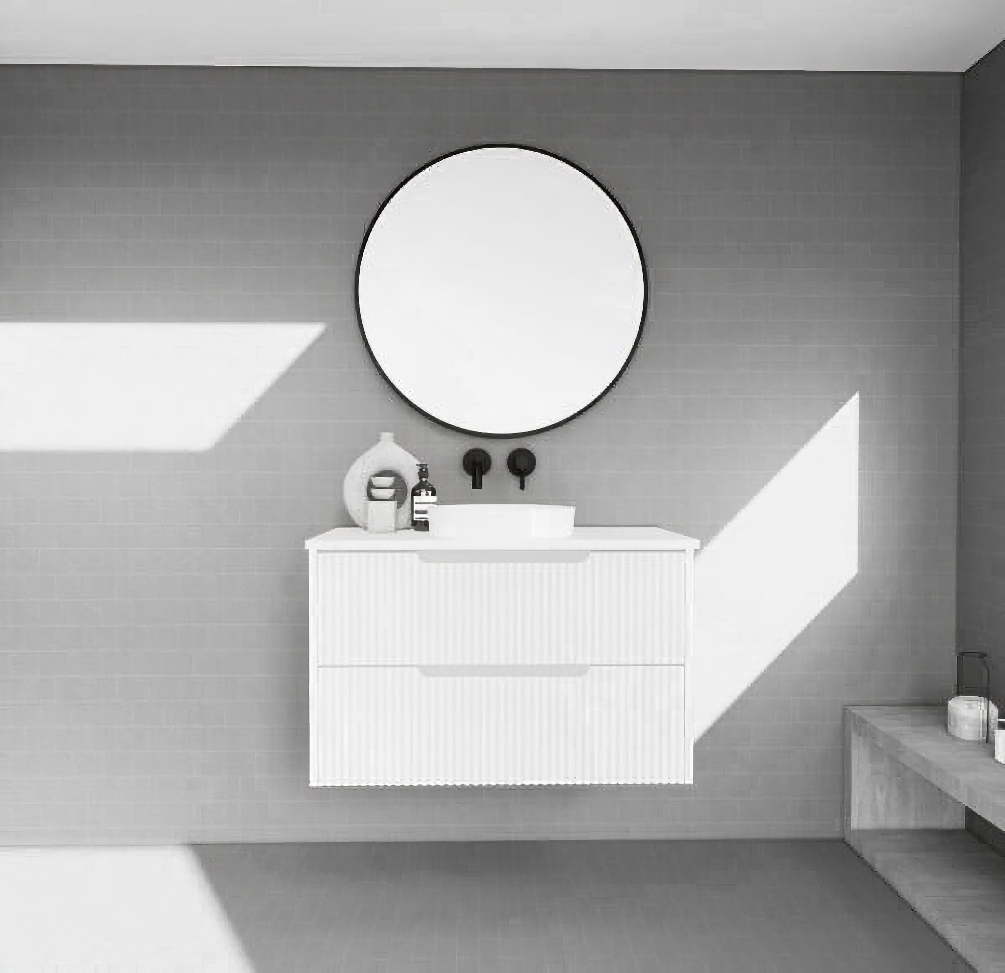 Upgrade your bathroom with the Bali 900mm Wall Hung Vanity. Matt White finish, fluted design, soft-close drawers and premium top options.-Vanity-Cabinet Only-Ezymall AU