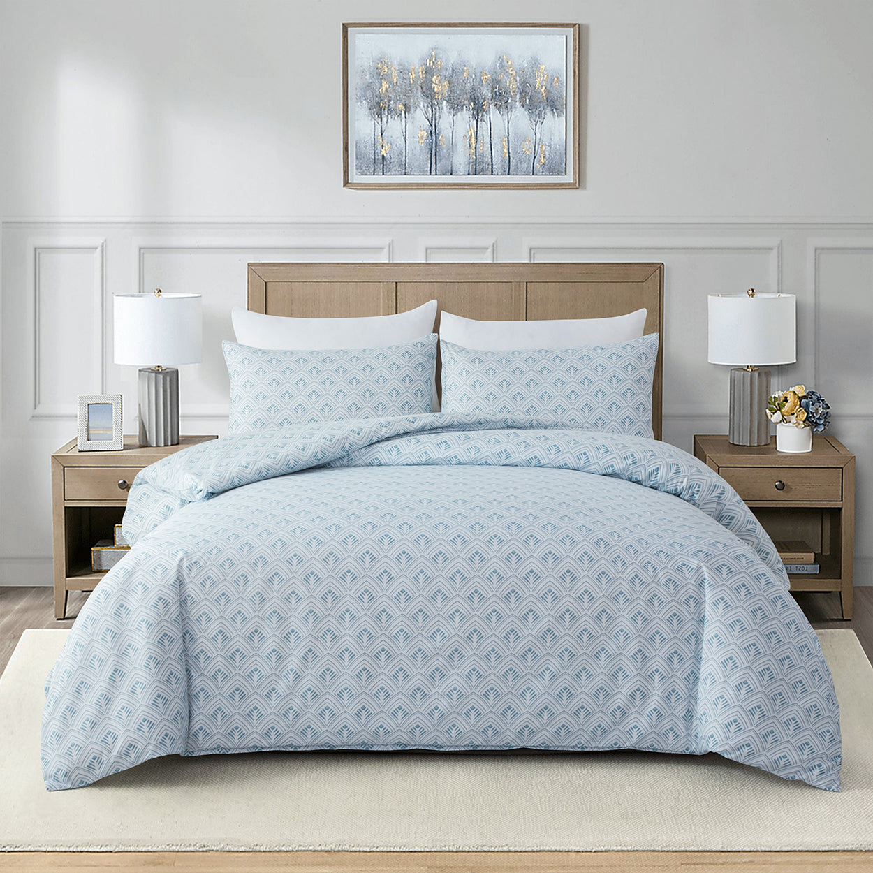 Tranquil blue brushed microfibre quilt cover set with soft geometric lines. Smooth, durable, and easy-care. Includes 1 quilt cover and 2 pillowcases.-Bedding-Single-Ezymall AU