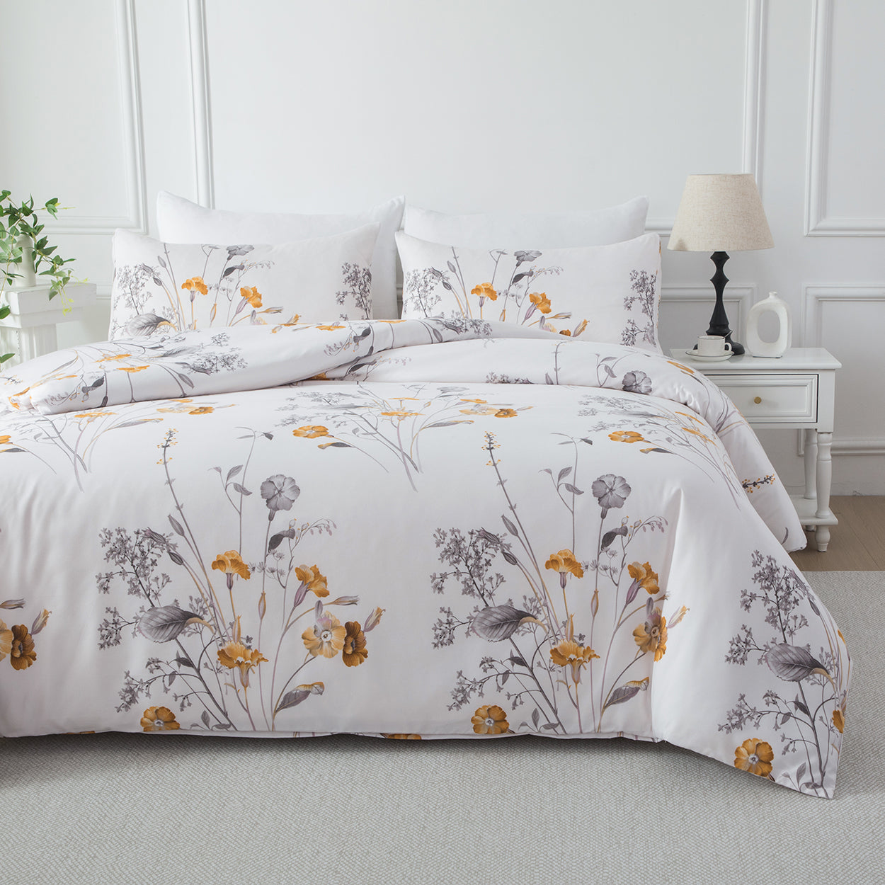 Soft brushed microfibre quilt cover set with yellow and grey wildflowers. Cozy, elegant, and easy-care. Includes 1 quilt cover and 2 pillowcases.-Bedding-Single-Ezymall AU