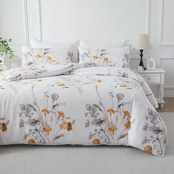 Soft brushed microfibre quilt cover set with yellow and grey wildflowers. Cozy, elegant, and easy-care. Includes 1 quilt cover and 2 pillowcases.-Bedding-Single-Ezymall AU