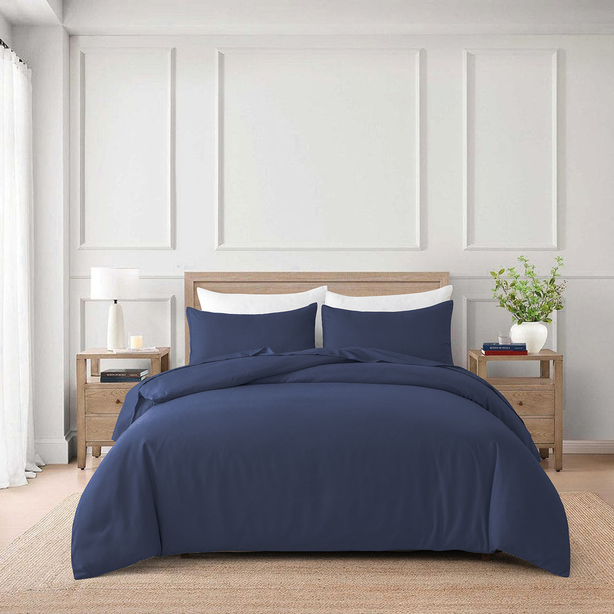Front view of the navy blue premium cotton quilt cover set