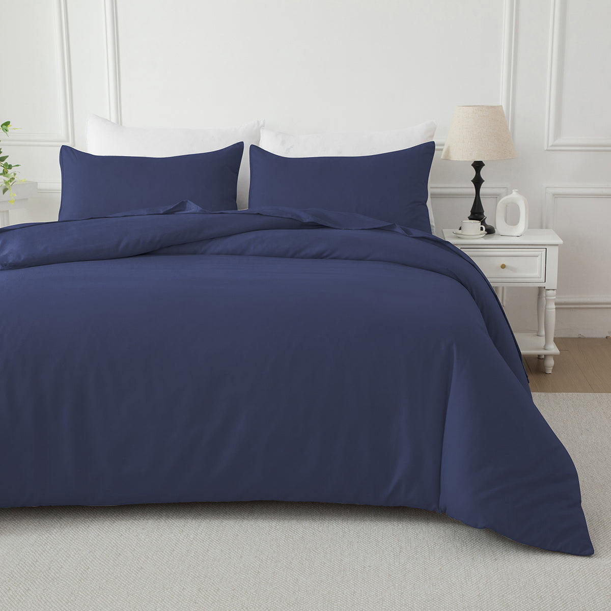 Navy blue premium cotton quilt cover set in a modern bedroom