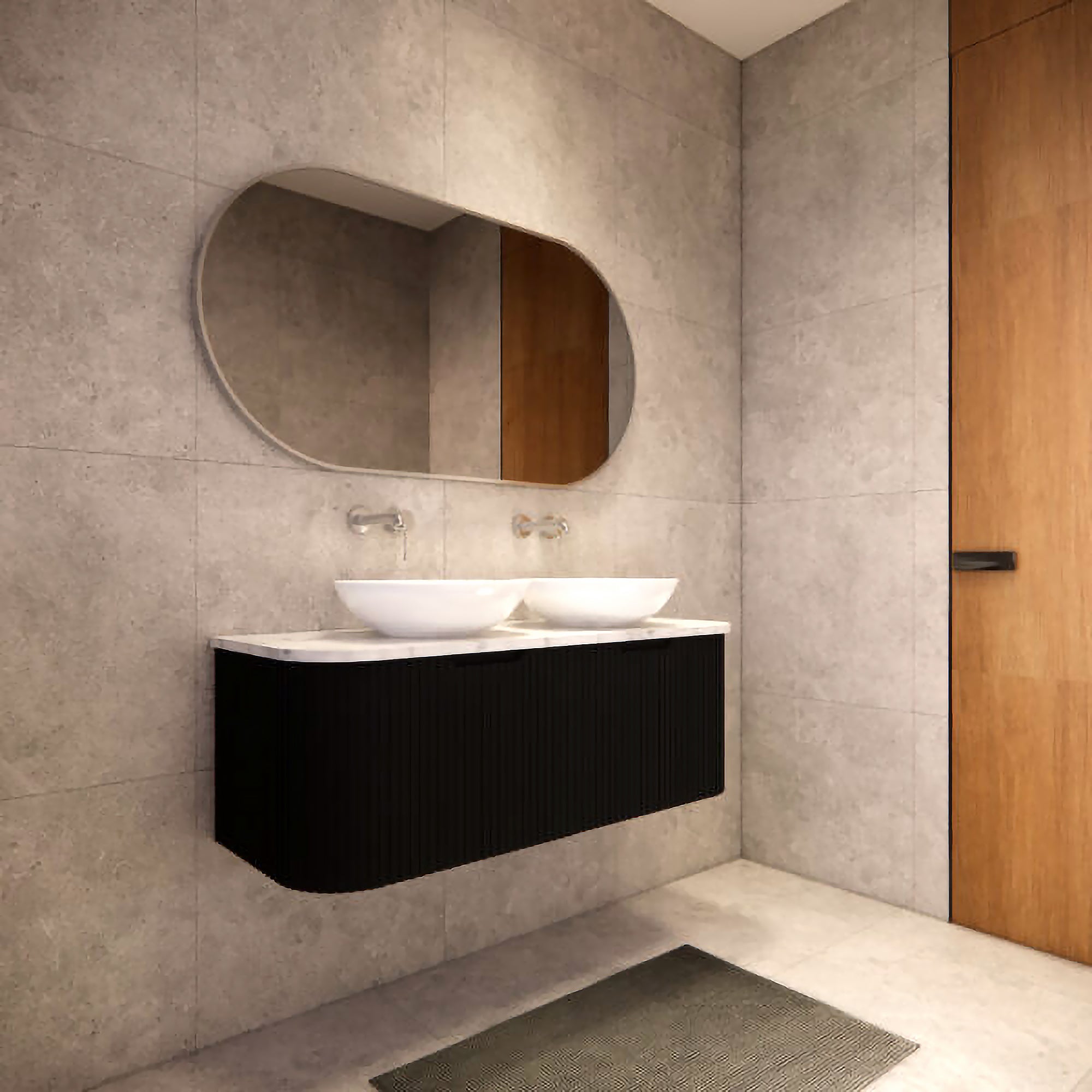 1200mm matte black fluted wall hung double bowl vanity with soft curved corners. Modern design with optional stone tops, perfect for contemporary bathrooms.-Vanity-Cabinet Only-Ezymall AU