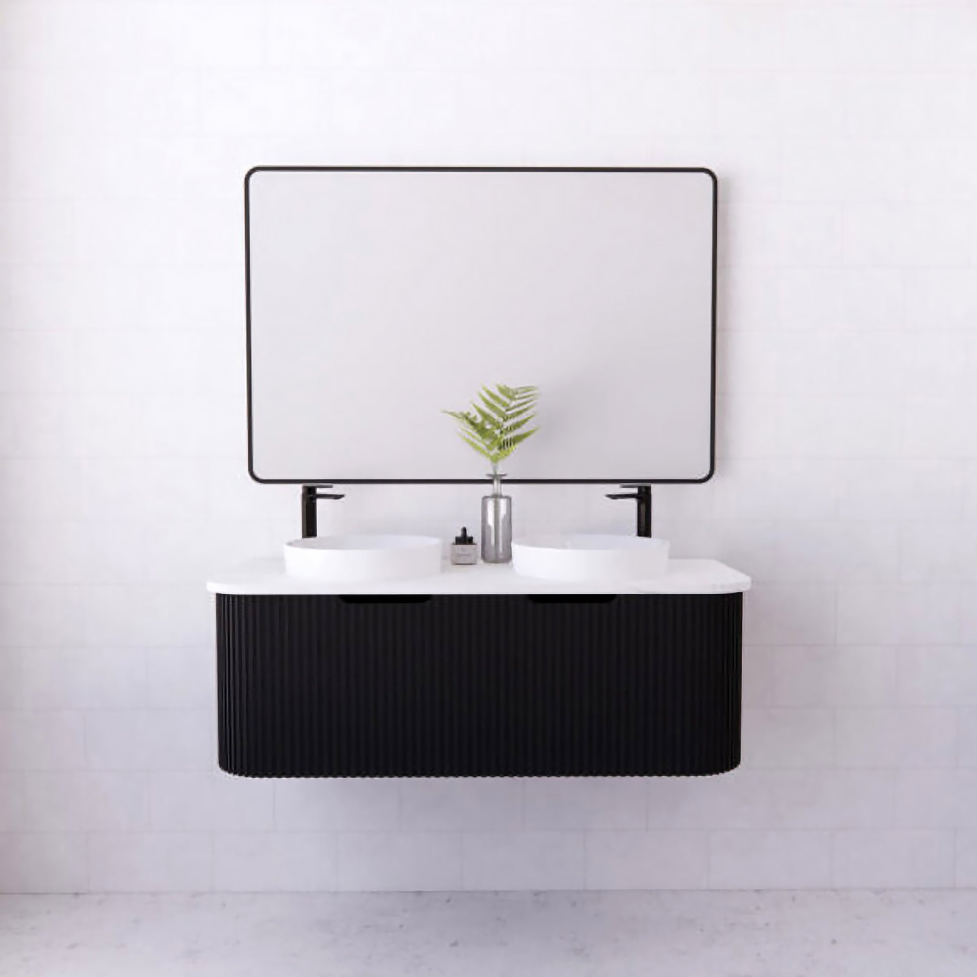 1200mm matte black fluted wall hung double bowl vanity with soft curved corners. Modern design with optional stone tops, perfect for contemporary bathrooms.-Vanity-Cabinet Only-Ezymall AU