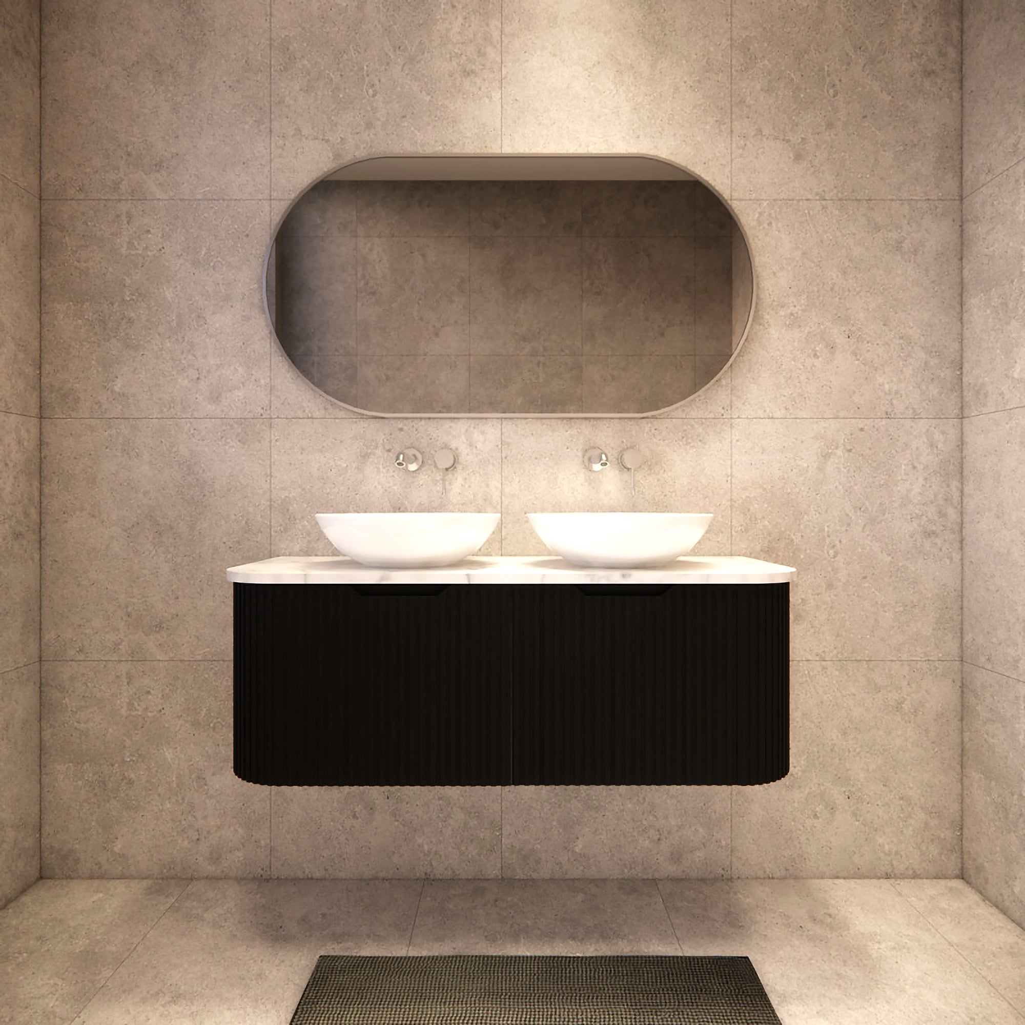 1200mm matte black fluted wall hung double bowl vanity with soft curved corners. Modern design with optional stone tops, perfect for contemporary bathrooms.-Vanity-Cabinet Only-Ezymall AU