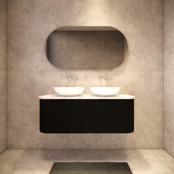1200mm matte black fluted wall hung double bowl vanity with soft curved corners. Modern design with optional stone tops, perfect for contemporary bathrooms.-Vanity-Cabinet Only-Ezymall AU