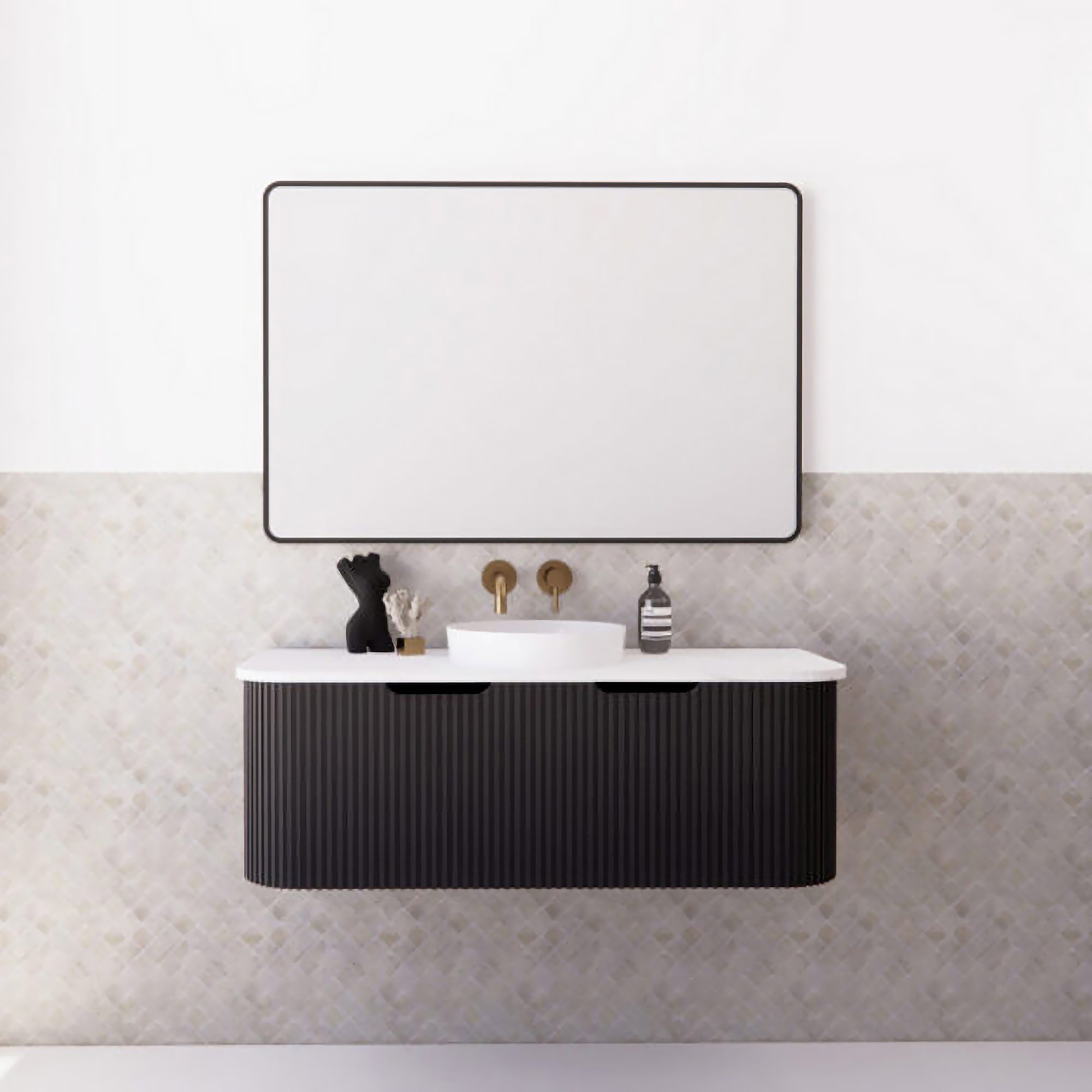 1200mm matte black fluted wall hung vanity with soft curved corners. Modern design with optional stone tops, perfect for contemporary bathrooms.-Vanity-Cabinet Only-Ezymall AU