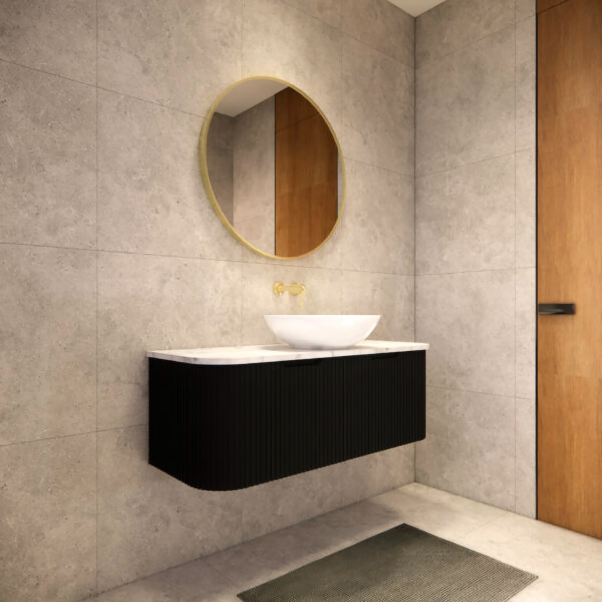 1200mm matte black fluted wall hung vanity with soft curved corners. Modern design with optional stone tops, perfect for contemporary bathrooms.-Vanity-Cabinet Only-Ezymall AU