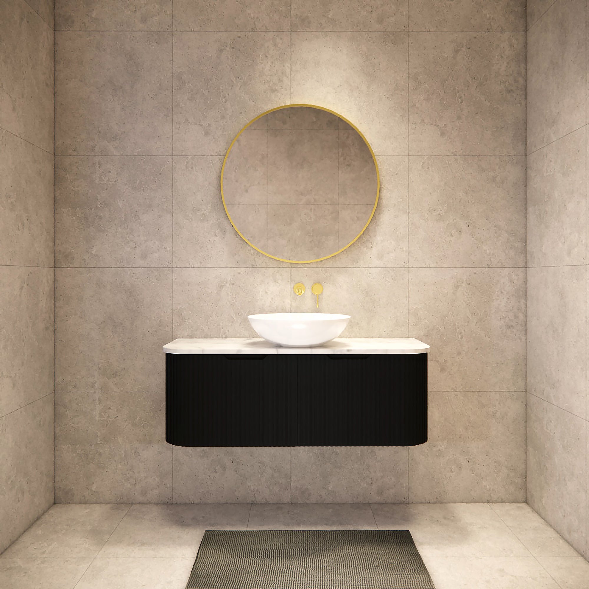 1200mm matte black fluted wall hung vanity with soft curved corners. Modern design with optional stone tops, perfect for contemporary bathrooms.-Vanity-Cabinet Only-Ezymall AU
