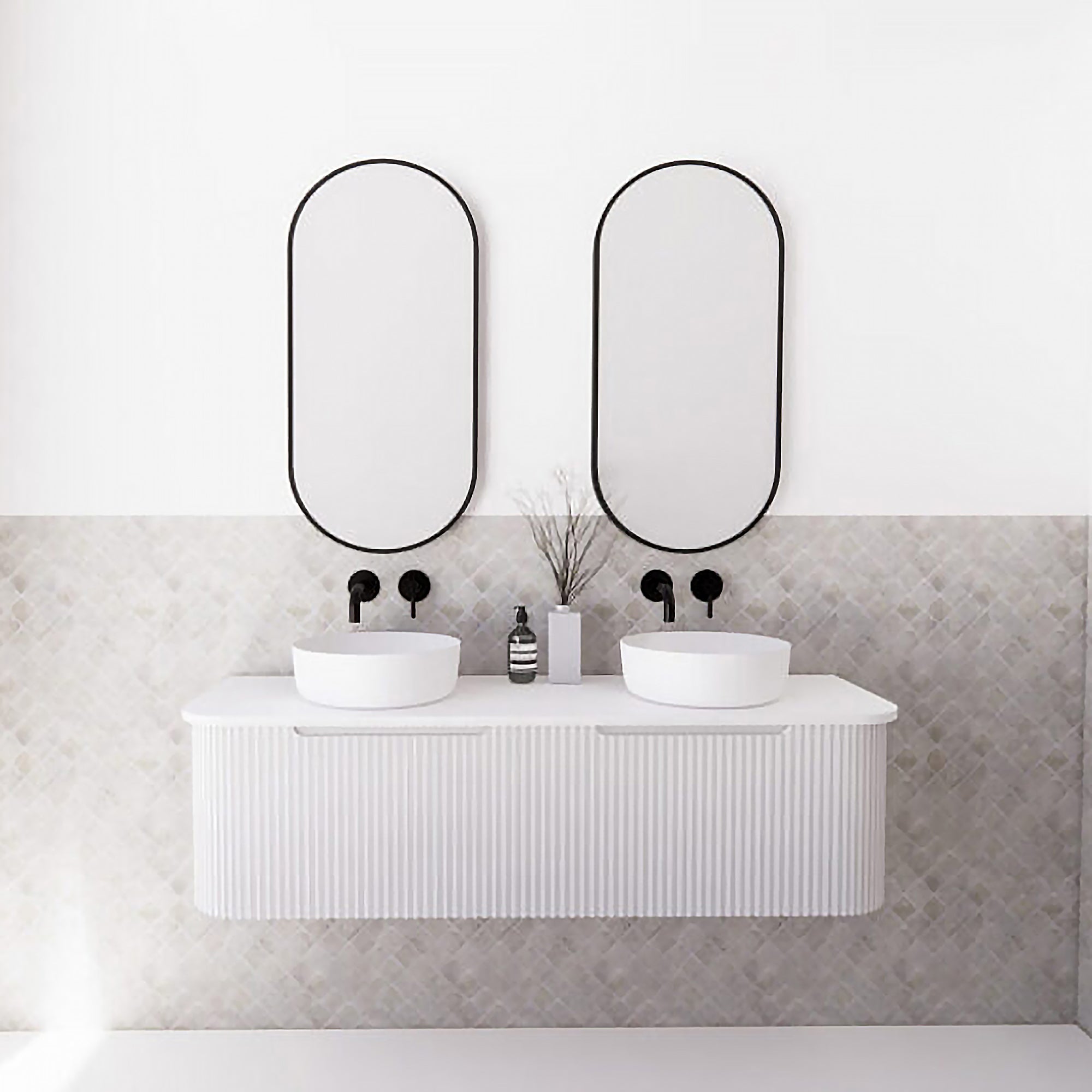 1500mm matte white fluted wall hung double bowl vanity with soft curved corners. Modern design with optional stone tops, perfect for contemporary bathrooms.-Vanity-Cabinet Only-Ezymall AU