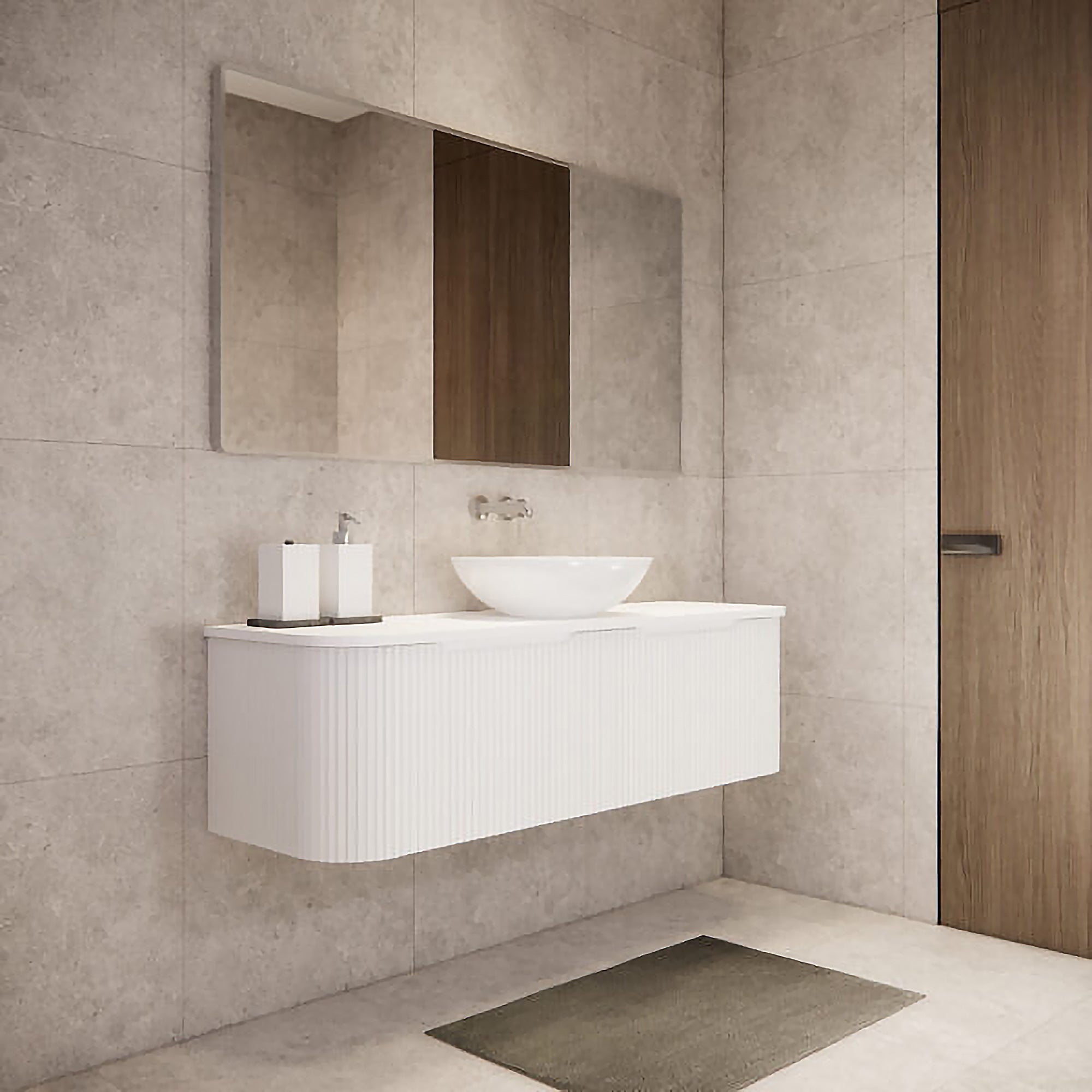 1500mm matte white fluted wall hung vanity with soft curved corners. Modern design with optional stone tops, perfect for contemporary bathrooms.-Vanity-Cabinet Only-Ezymall AU