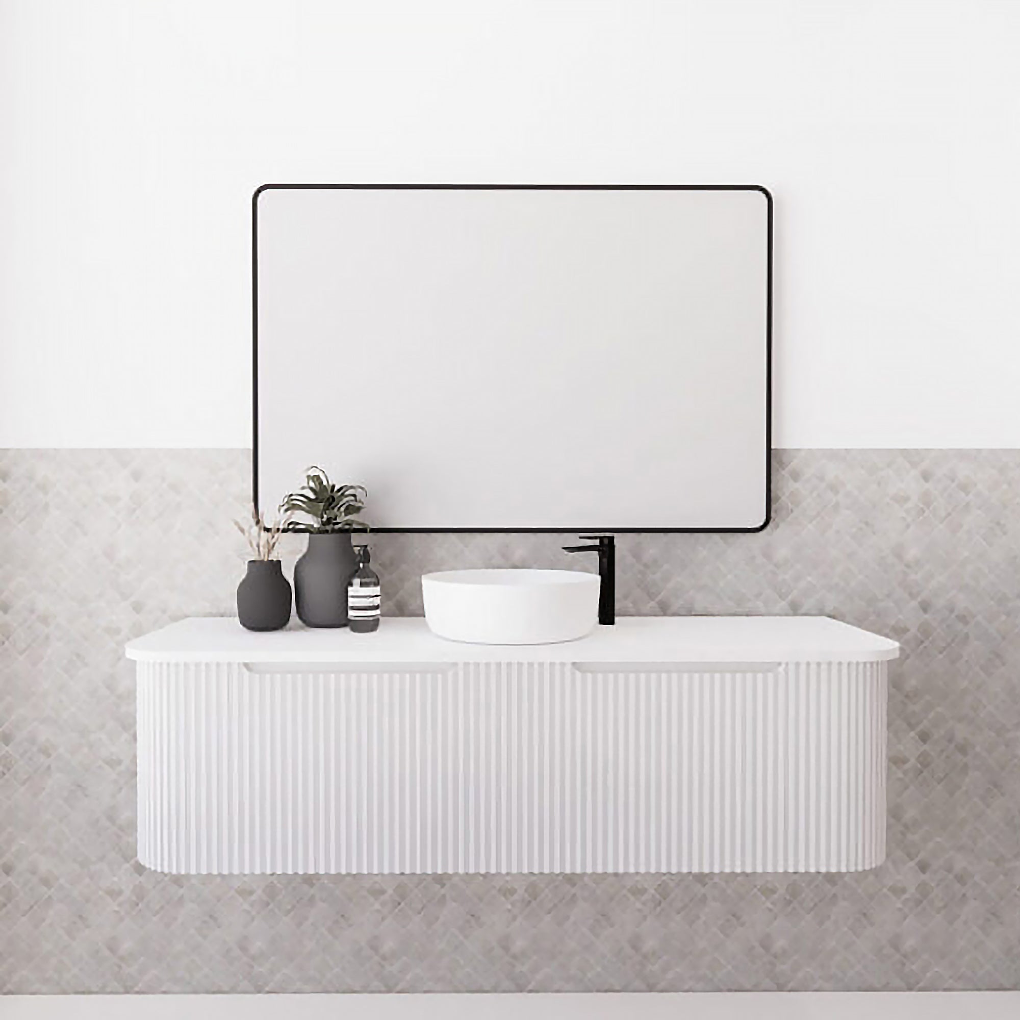 1500mm matte white fluted wall hung vanity with soft curved corners. Modern design with optional stone tops, perfect for contemporary bathrooms.-Vanity-Cabinet Only-Ezymall AU