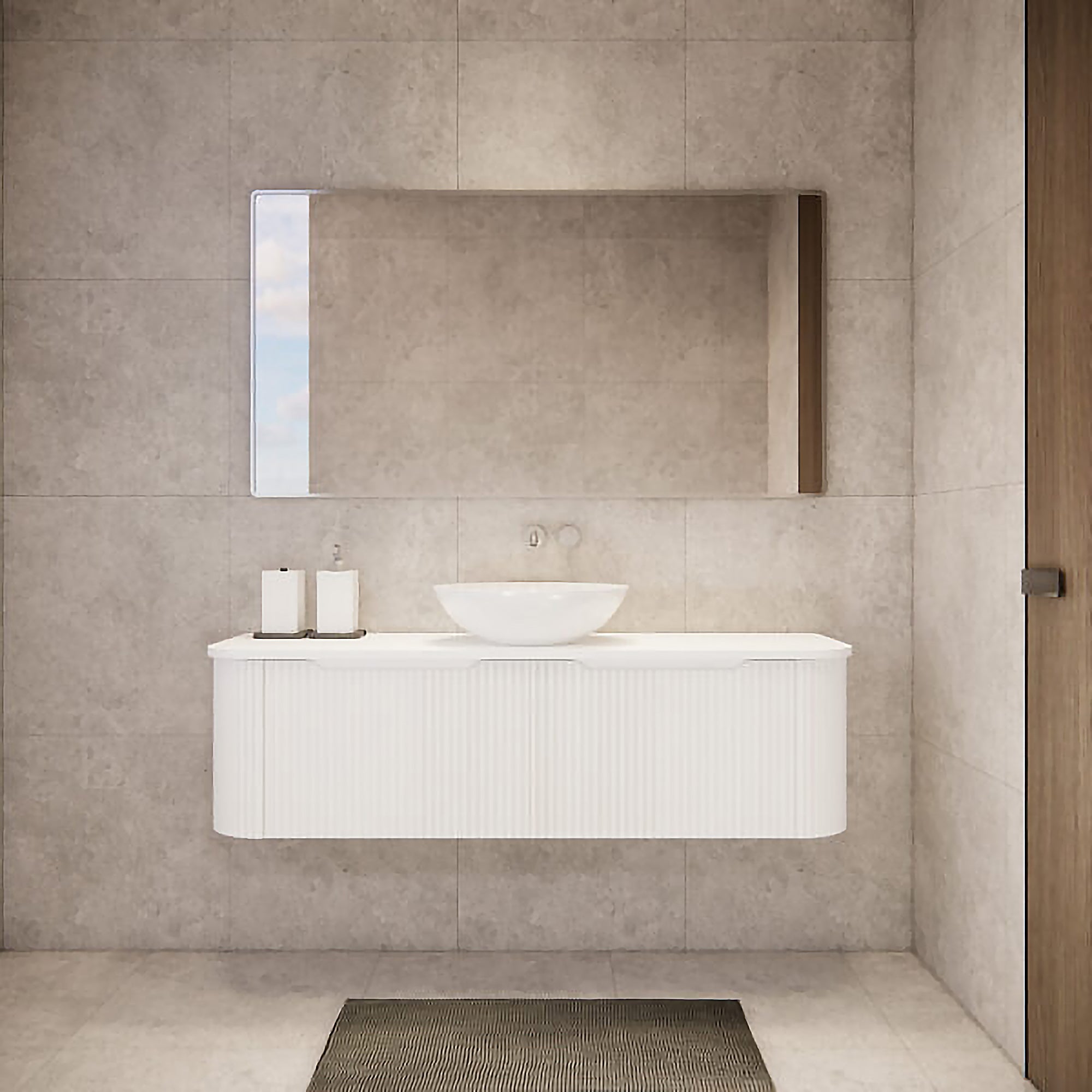 1500mm matte white fluted wall hung vanity with soft curved corners. Modern design with optional stone tops, perfect for contemporary bathrooms.-Vanity-Cabinet Only-Ezymall AU