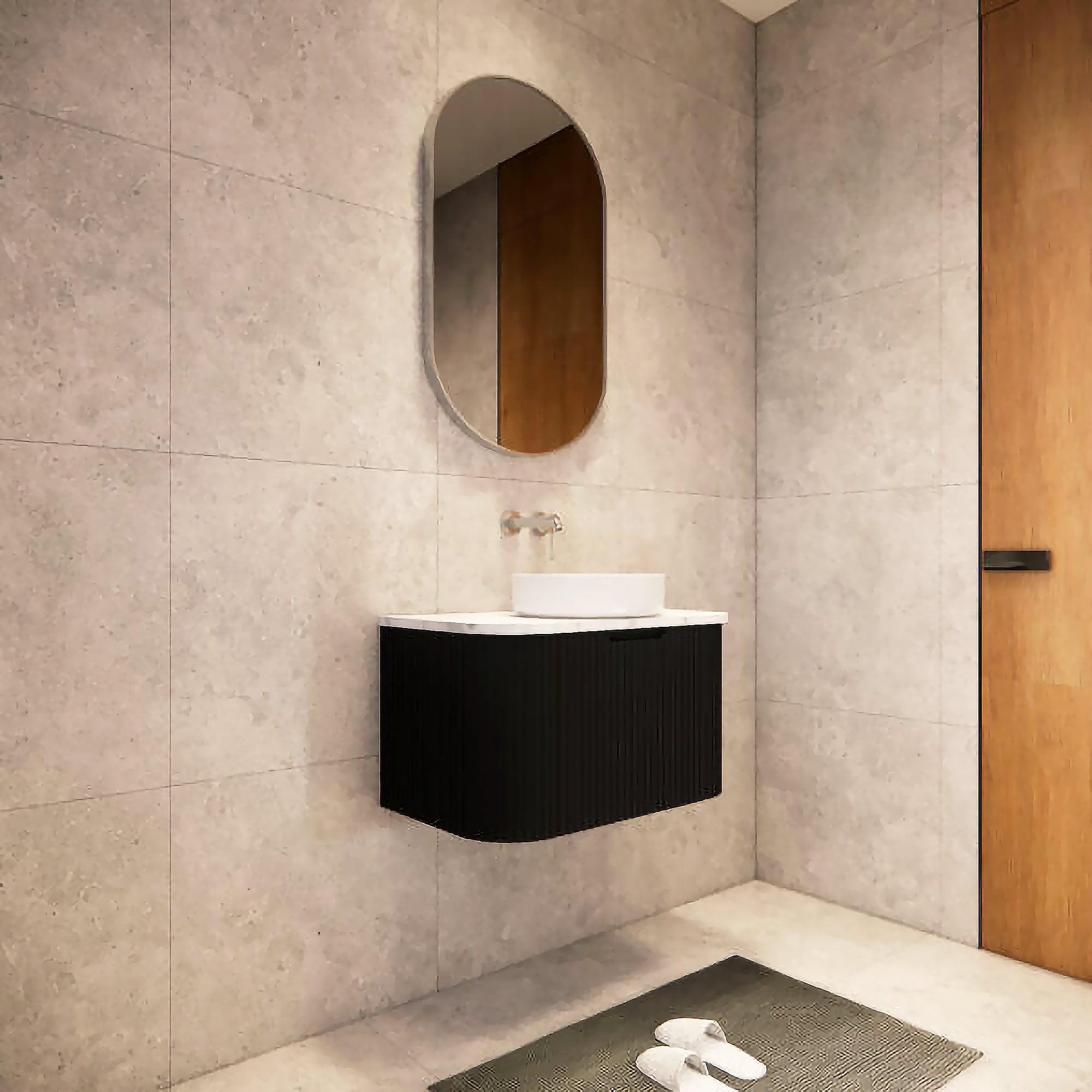 750mm matte black fluted wall hung vanity with soft curved corners. Modern design with optional stone tops, perfect for contemporary bathrooms.-Vanity-Cabinet Only-Ezymall AU
