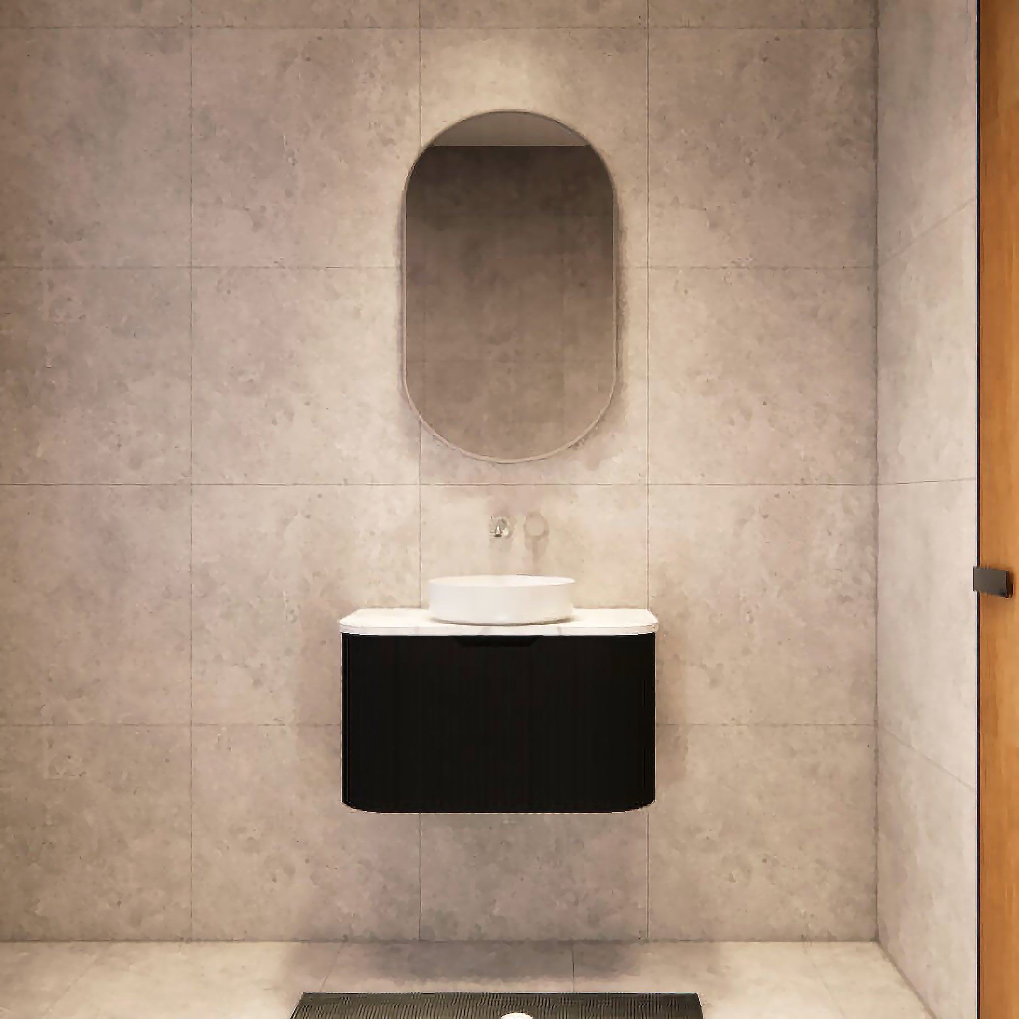 750mm matte black fluted wall hung vanity with soft curved corners. Modern design with optional stone tops, perfect for contemporary bathrooms.-Vanity-Cabinet Only-Ezymall AU