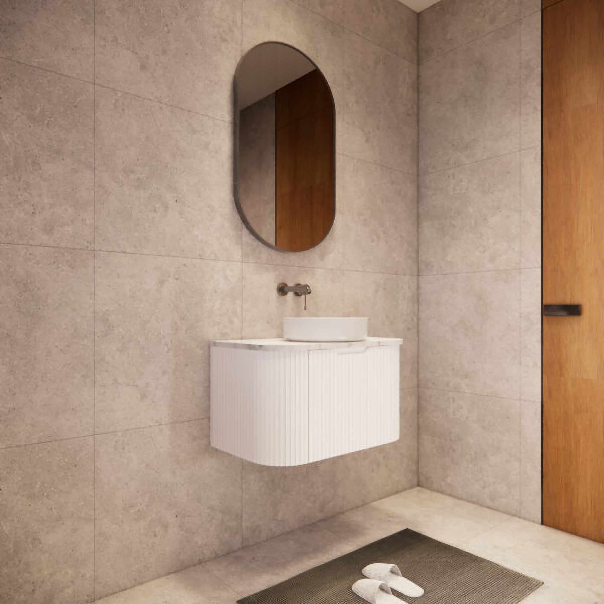 750mm matte white fluted wall hung vanity with soft curved corners. Modern design with optional stone tops, perfect for contemporary bathrooms.-Vanity-Cabinet Only-Ezymall AU