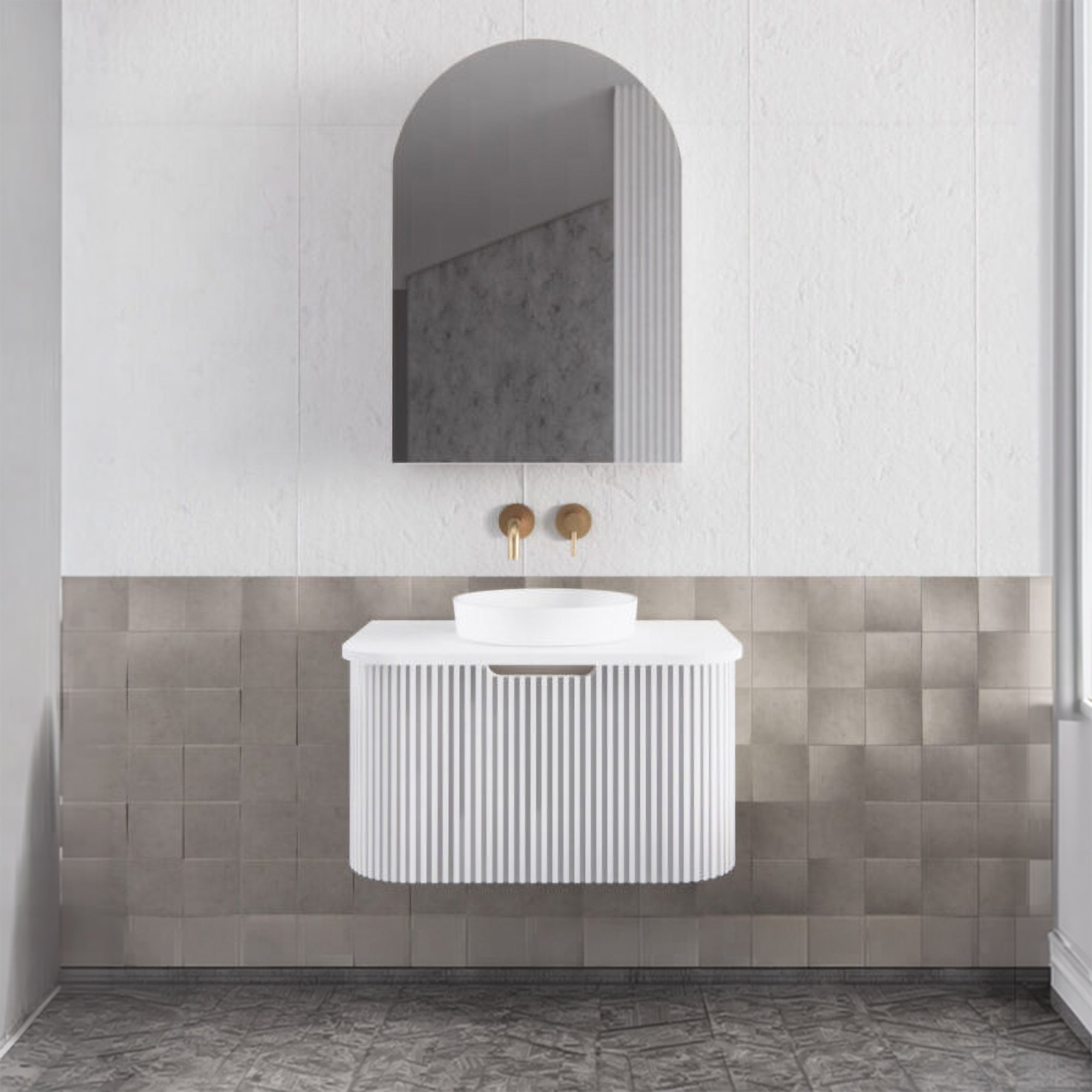 750mm matte white fluted wall hung vanity with soft curved corners. Modern design with optional stone tops, perfect for contemporary bathrooms.-Vanity-Cabinet Only-Ezymall AU