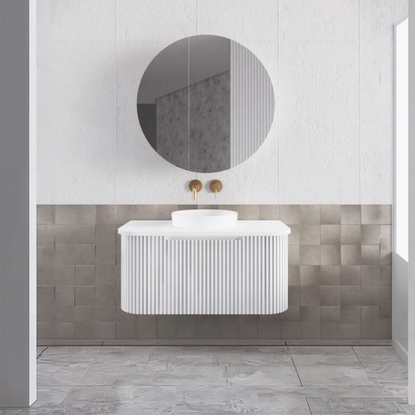 900mm matte white fluted wall hung vanity with soft curved corners. Modern design with optional stone tops, perfect for contemporary bathrooms.-Vanity-Cabinet Only-Ezymall AU