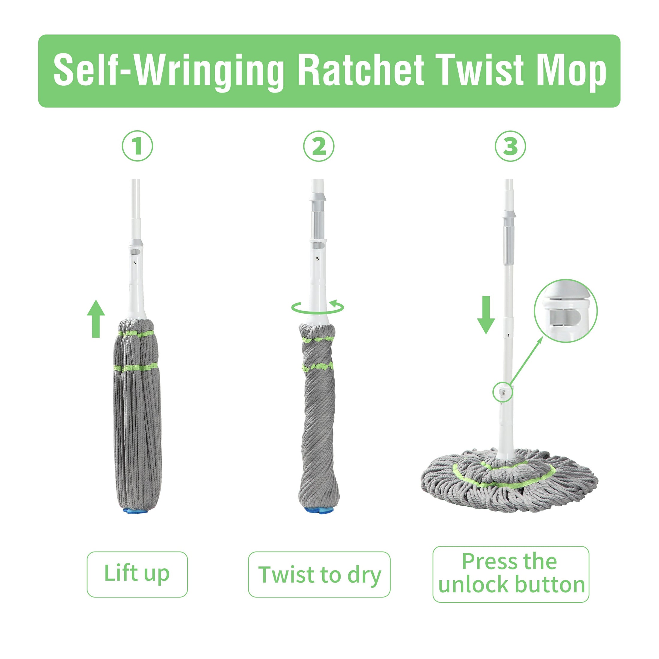 BOOMJOY Hand-Free Twist Mop with Adjustable Handle and 2 Extra Microfiber Refills. Keep your floors clean with ease. Shop now at Ezymall!-Cleaning Products-Ezymall AU
