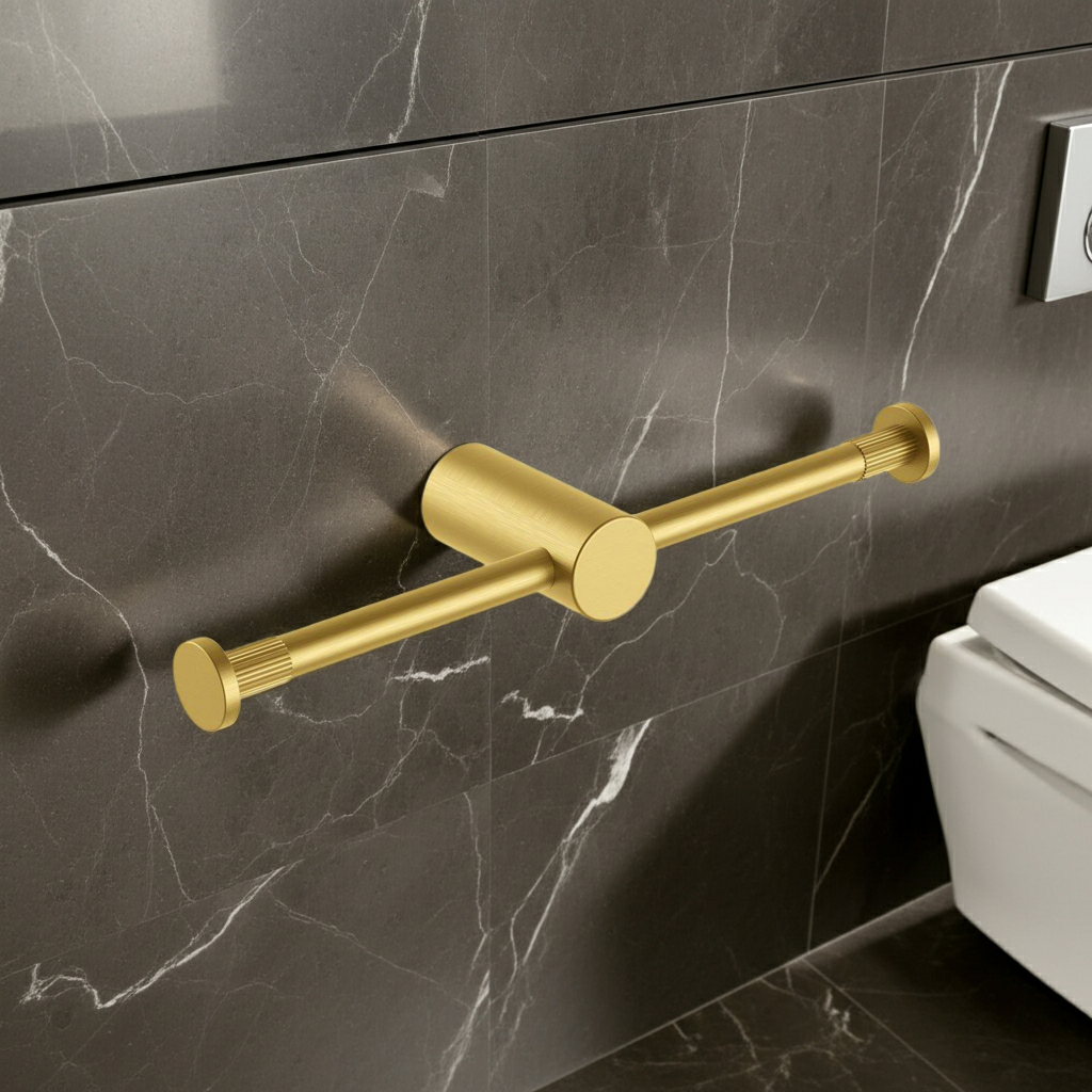 Enhance your bathroom decor with the CADDENCE double toilet paper holder in brushed brass gold stainless steel. This stylish and durable holder keeps toilet paper organized and within reach.-Toilet Paper Holder-Ezymall AU