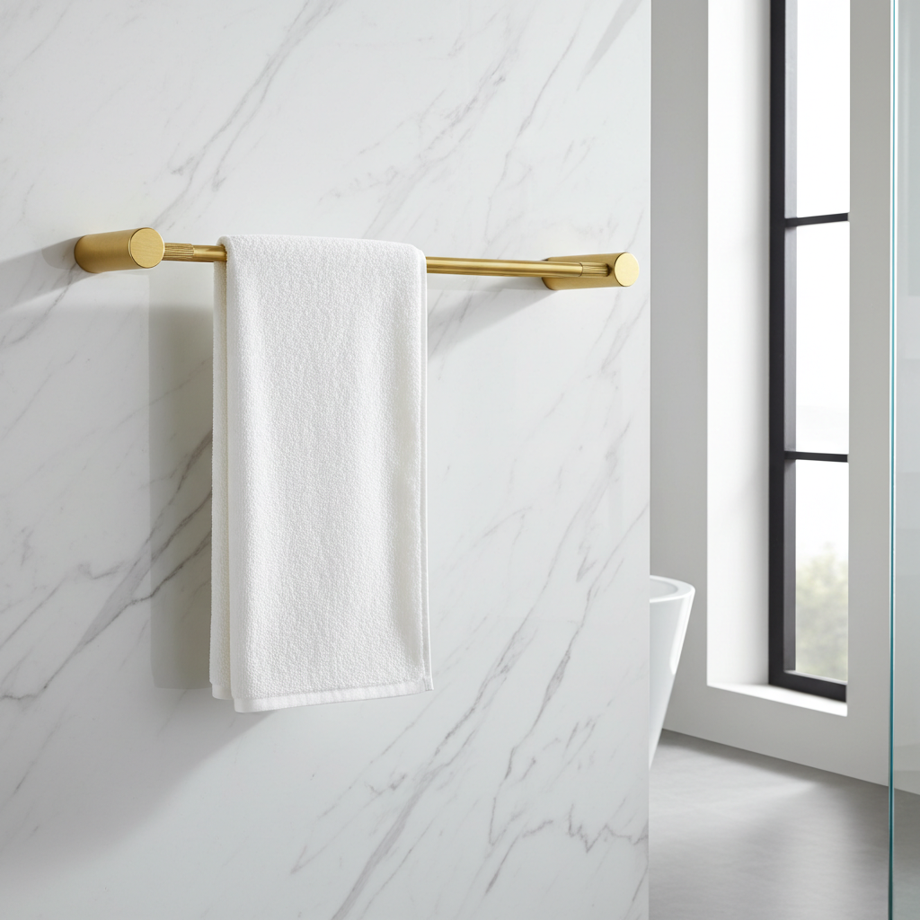 Enhance your bathroom with the CADDENCE double towel rail in brushed brass gold brass, 600mm. This elegant and sturdy rail offers ample space for towels, combining functionality with style.-Towel Rail-Ezymall AU