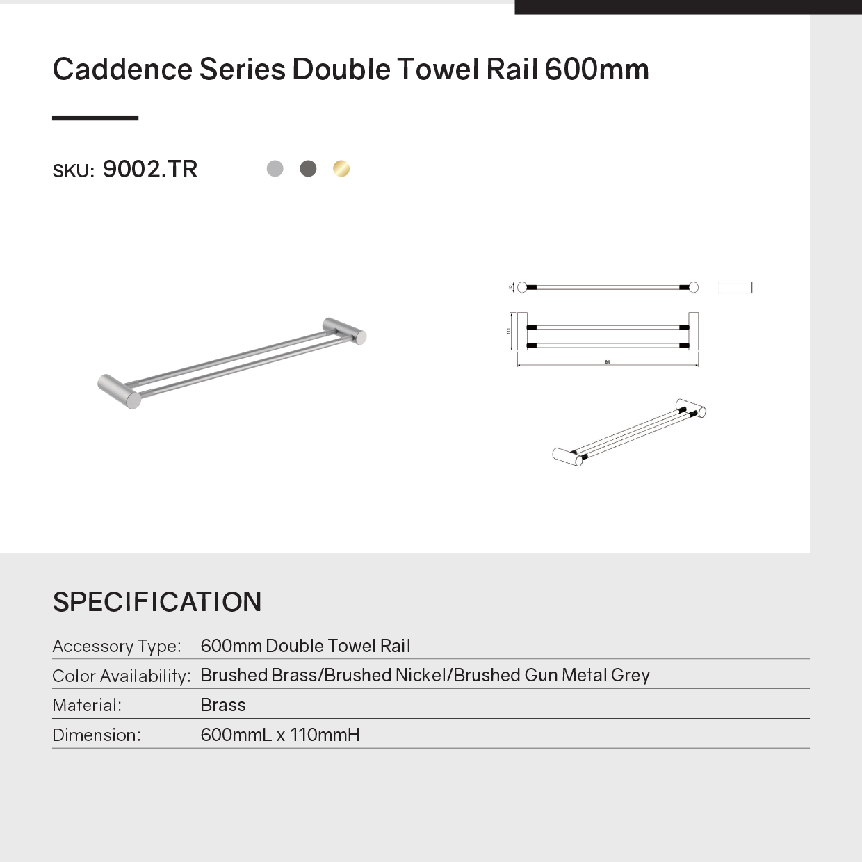 Organize your bathroom with the CADDENCE double towel rail in brushed nickel silver brass, 600mm. This durable and stylish rail provides ample space for your towels, enhancing your bathroom decor.-Towel Rail-Ezymall AU