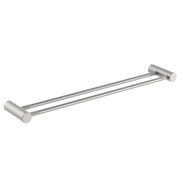 Organize your bathroom with the CADDENCE double towel rail in brushed nickel silver brass, 600mm. This durable and stylish rail provides ample space for your towels, enhancing your bathroom decor.-Towel Rail-Ezymall AU