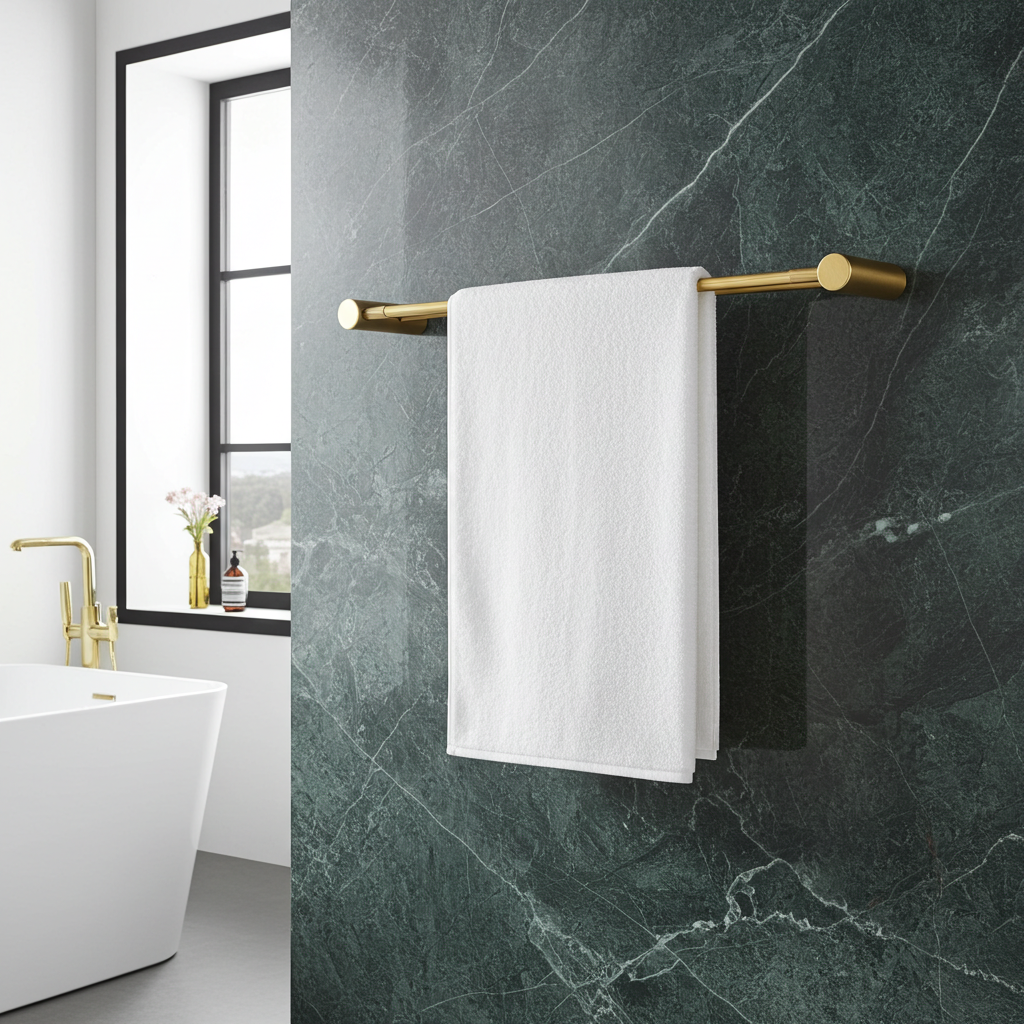 Add a touch of elegance to your bathroom with the CADDENCE double towel rail in brushed brass gold brass, 800mm. This durable and stylish rail provides ample space for your towels.-Towel Rail-Ezymall AU