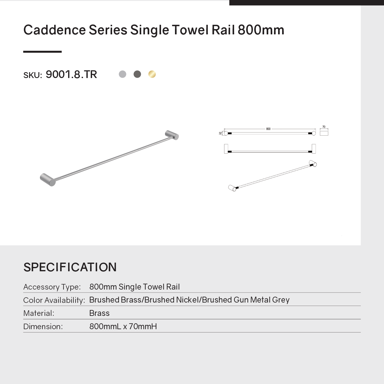 Keep your towels tidy with the CADDENCE single towel rail in brass with a gunmetal grey finish. This 800mm rail is durable and stylish. Shop now at Ezymall!-Towel Rail-Ezymall AU