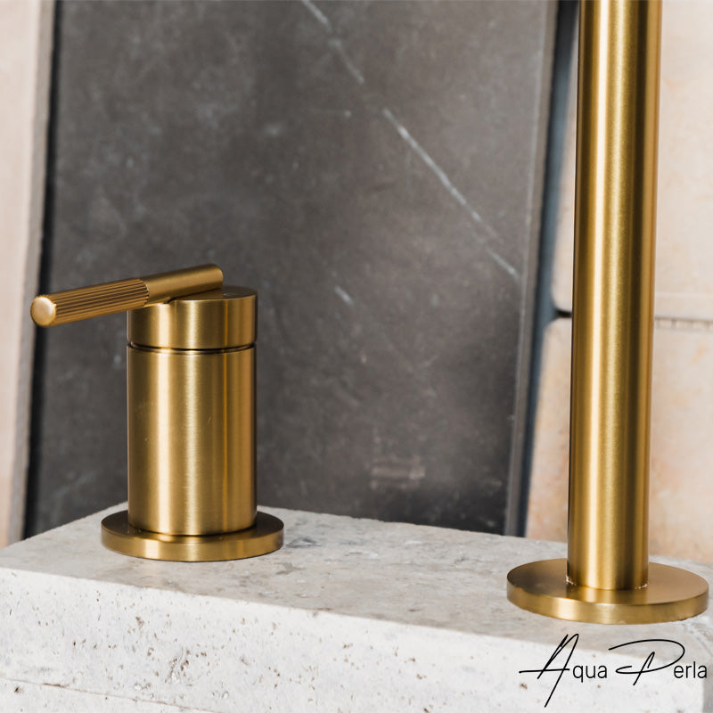 Buy CADDENCE Split Type Basin Mixer in Solid Brass with Brushed Brass Gold finish. Modern design and durable construction. Shop now!-Basin Mixer-Ezymall AU