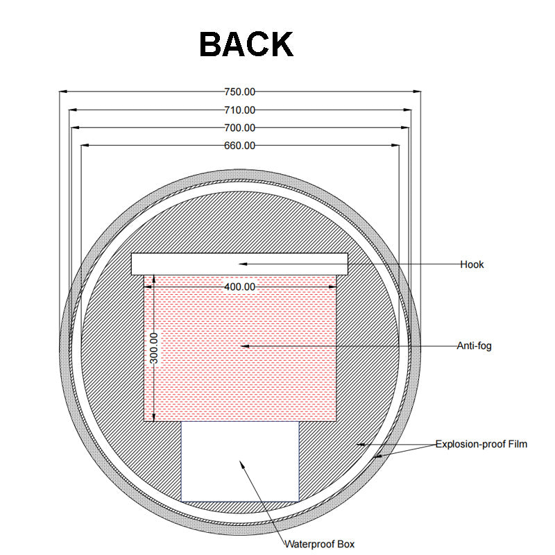 Rear dimensions and defogger layout of Carysil 750mm round LED mirror