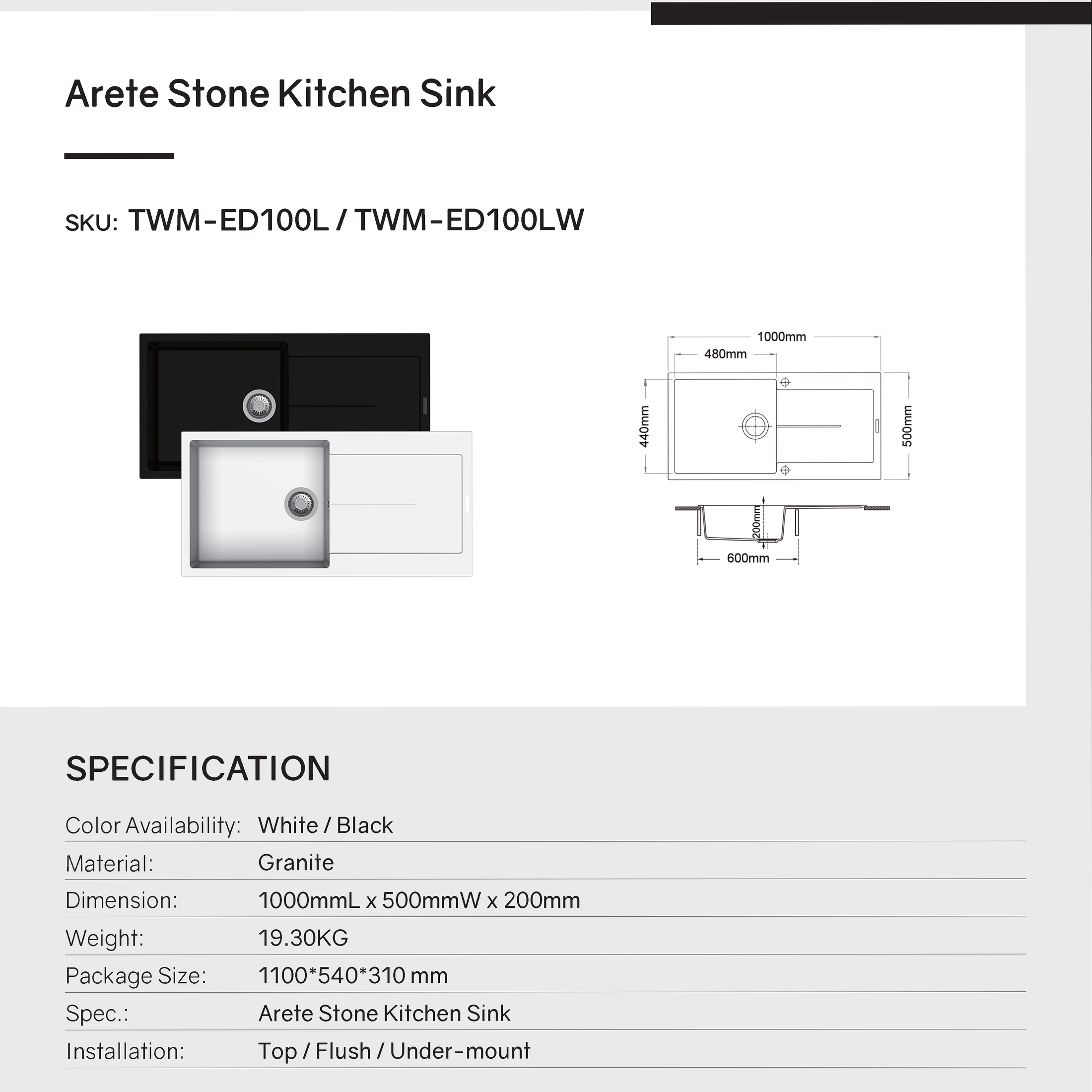 The Carysil Enigma Black Granite Stone Sink offers a modern look. This single bowl sink with draining board (1000x500mm) is a stylish and durable addition to your kitchen. Shop now!-Kitchen Sink-Ezymall AU