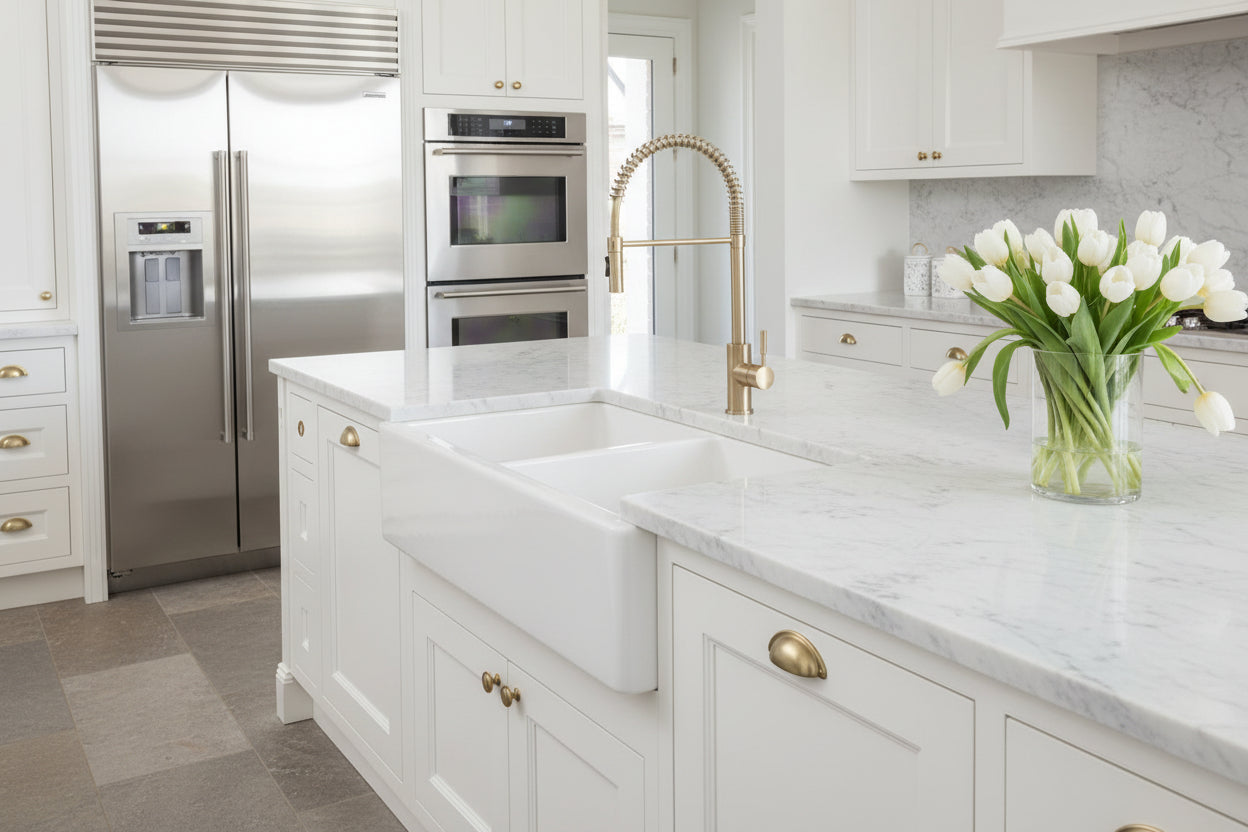Premium 838mm Carysil fireclay double bowl sink in Snova White. Durable, hygienic and perfect for busy family kitchens.-Kitchen Sink-Ezymall AU