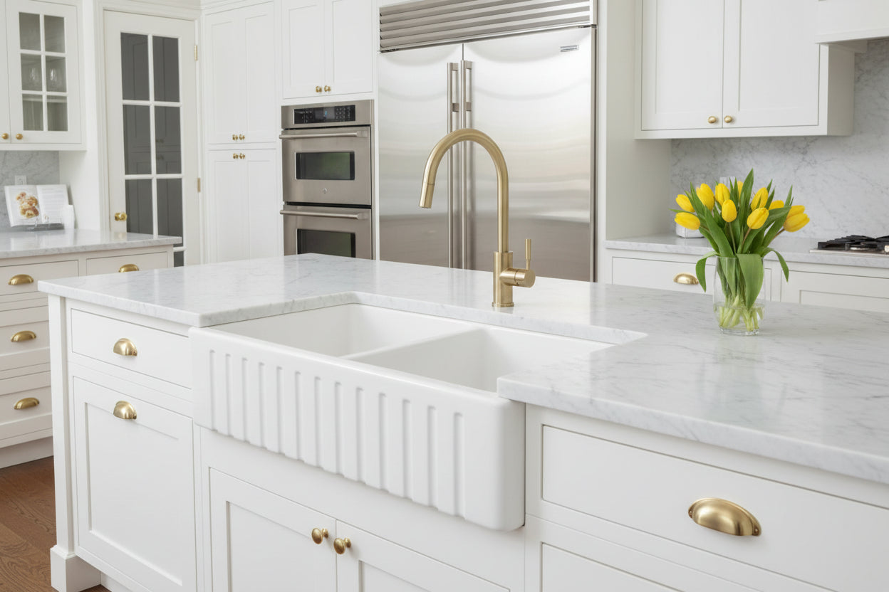 Premium 838mm Carysil fireclay double bowl sink in Snova White. Durable, hygienic and perfect for busy family kitchens.-Kitchen Sink-Ezymall AU