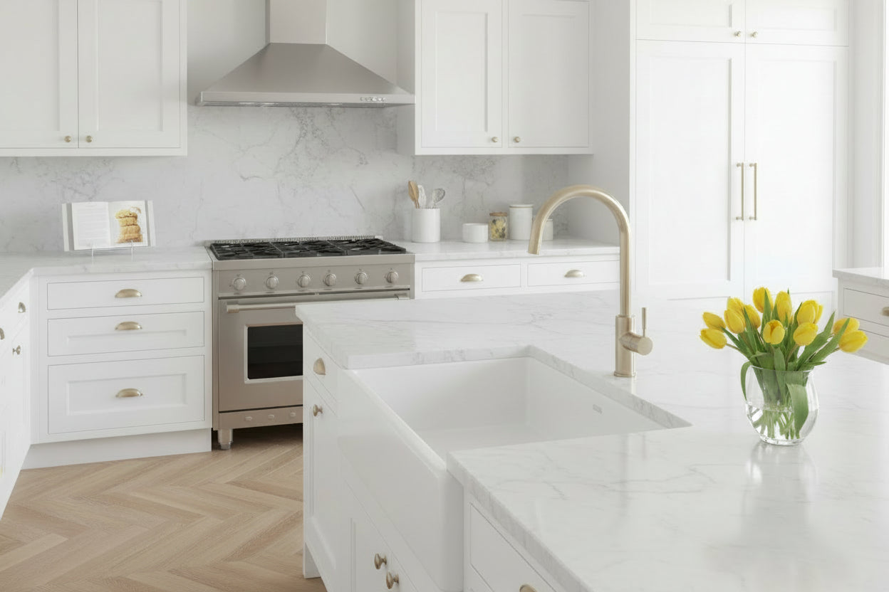 Premium 838mm Carysil fireclay sink in Snova White. Spacious single bowl design with sink grid, chopping board and durable fireclay construction.-Kitchen Sink-Ezymall AU