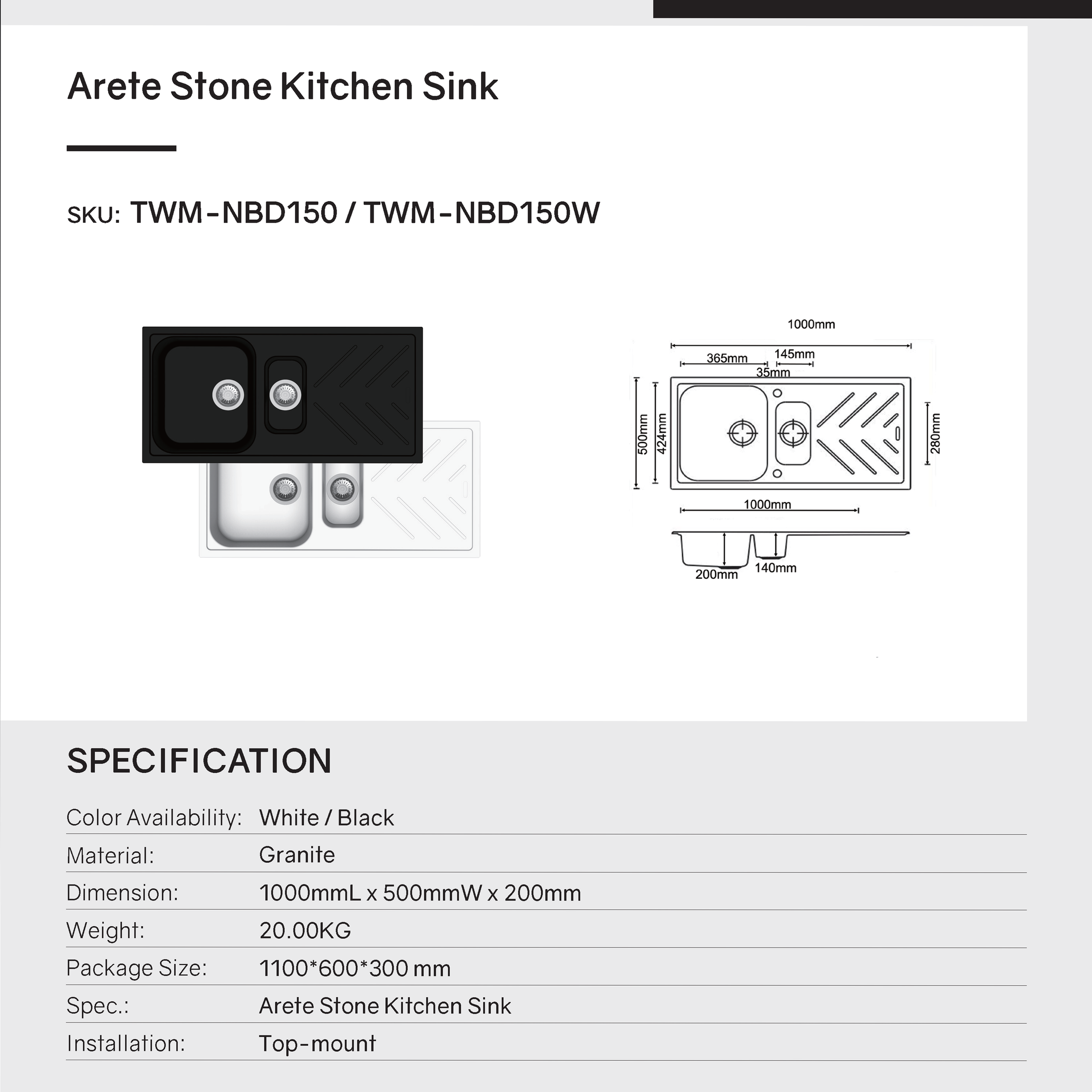 Upgrade to the Carysil Granite 1 & 1/4 Bowl Kitchen Sink with Drain Board in Black. This sink offers style and practicality. Fast Australia wide delivery.-Kitchen Sink-Ezymall AU