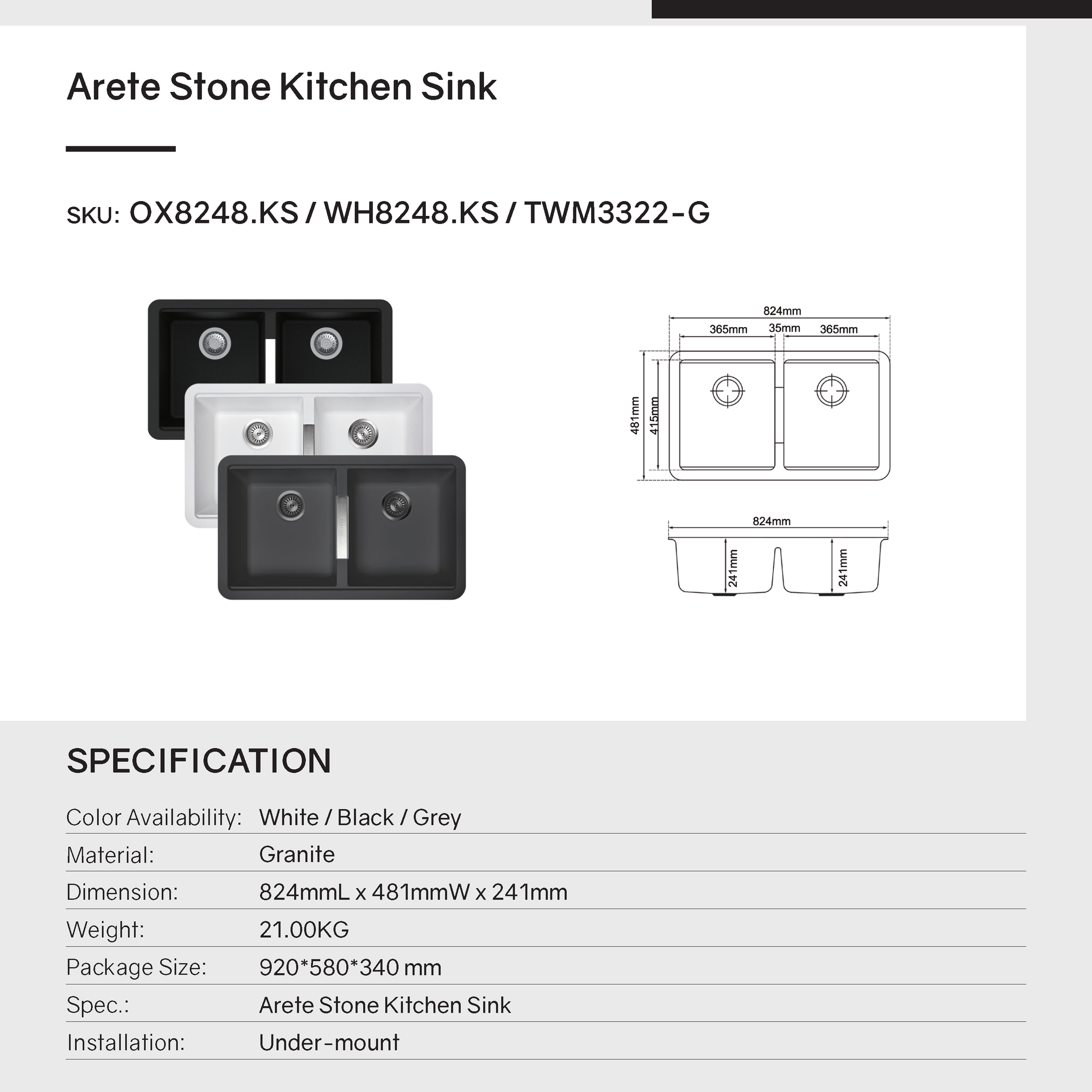 Upgrade your kitchen with the Carysil granite double bowl kitchen sink in white (824x481x241mm). Made from durable granite, this sink combines style and functionality. Perfect for any modern kitchen. Shop now!-Kitchen Sink-Ezymall AU