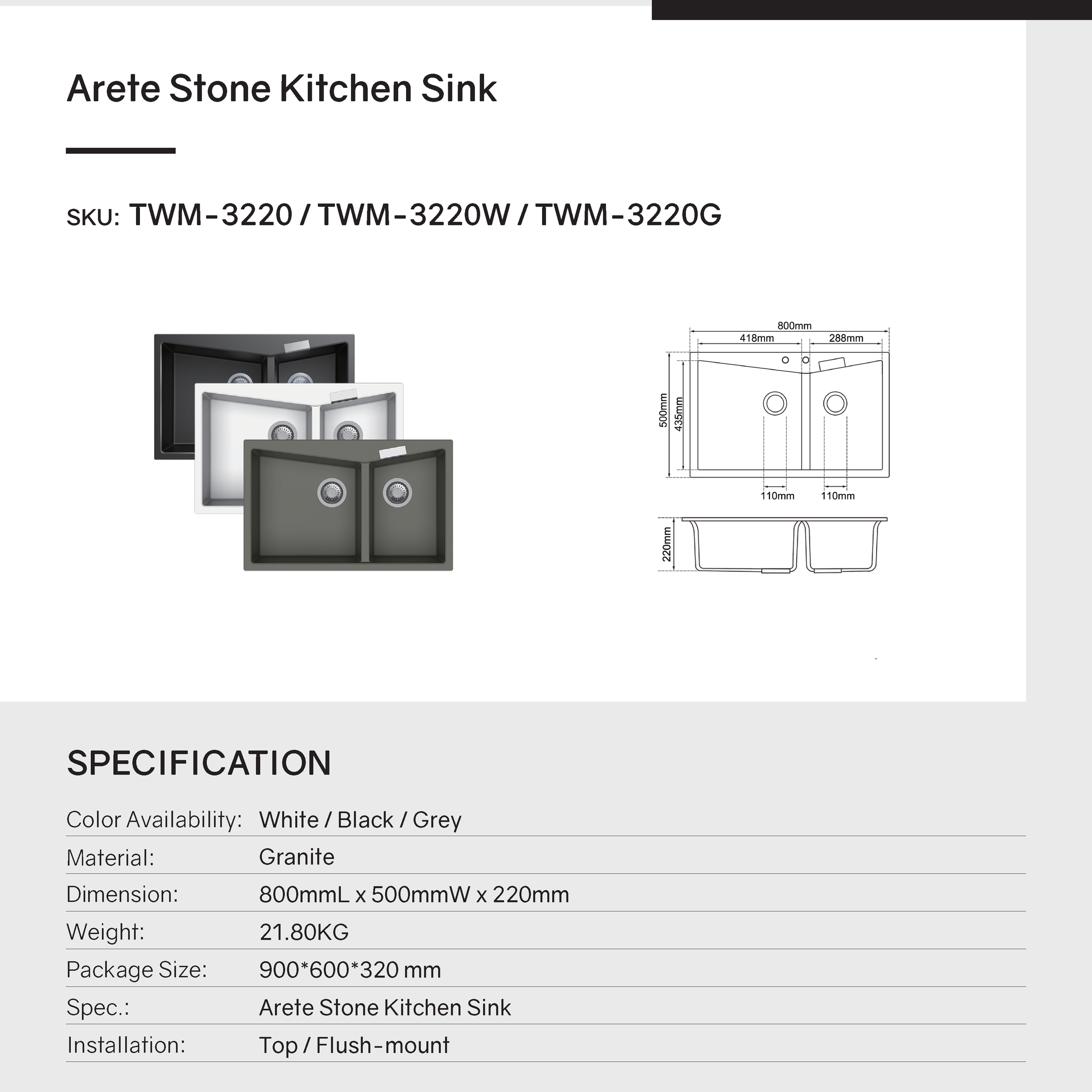 Upgrade your kitchen with the Carysil Granite Double Bowl Kitchen Sink in White. Measuring 800x500mm, this sink combines elegance and durability. Shop now at Ezymall for fast shipping Australia wide.-Kitchen Sink-Ezymall AU