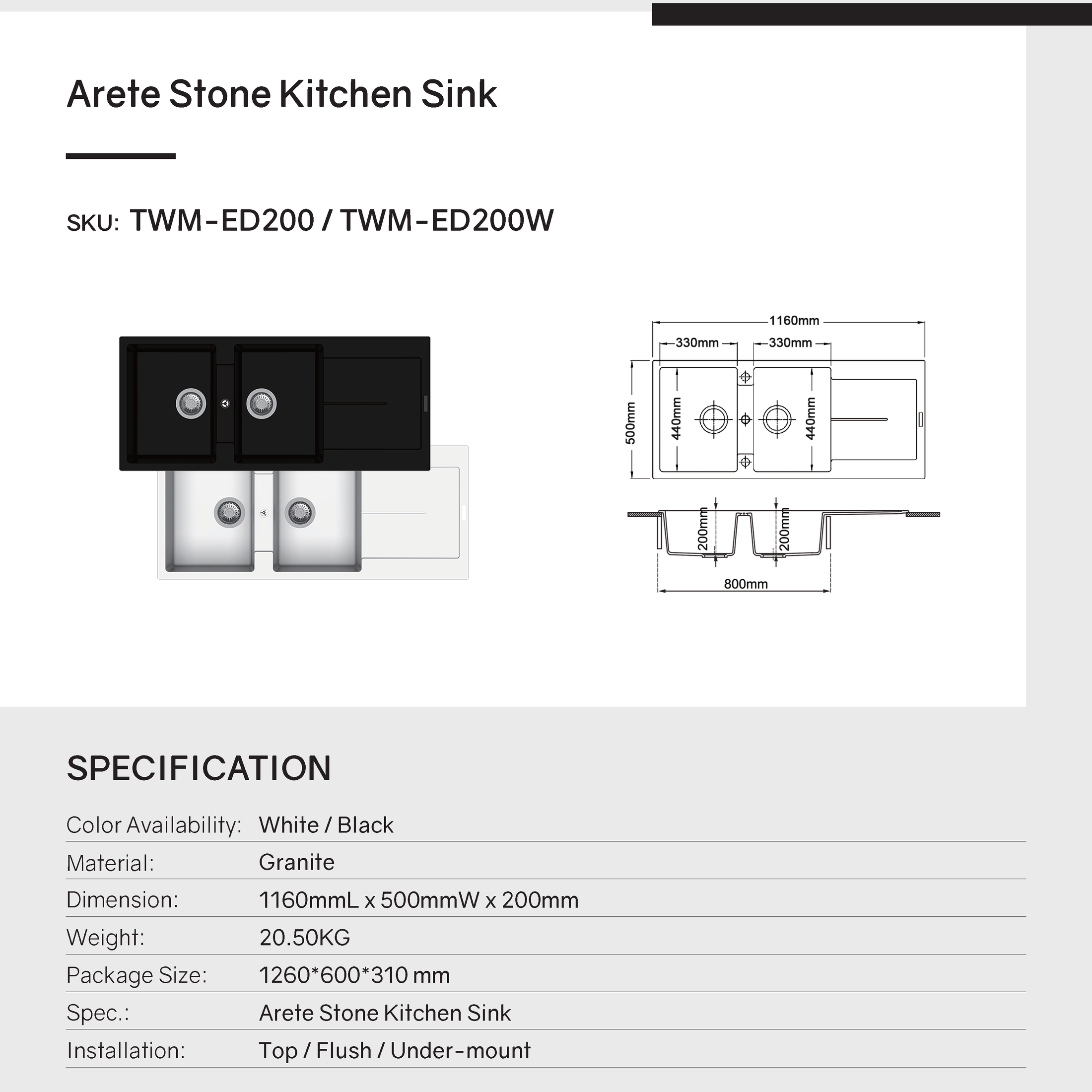 Upgrade to the Carysil Granite Double Bowl Kitchen Sink with Drain Board in White. The Enigma D200 model combines functionality with a sleek design. Shop now at Ezymall with fast shipping Australia wide.-Kitchen Sink-Ezymall AU