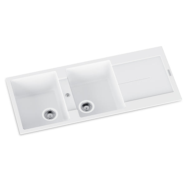 Upgrade to the Carysil Granite Double Bowl Kitchen Sink with Drain Board in White. The Enigma D200 model combines functionality with a sleek design. Shop now at Ezymall with fast shipping Australia wide.-Kitchen Sink-Ezymall AU